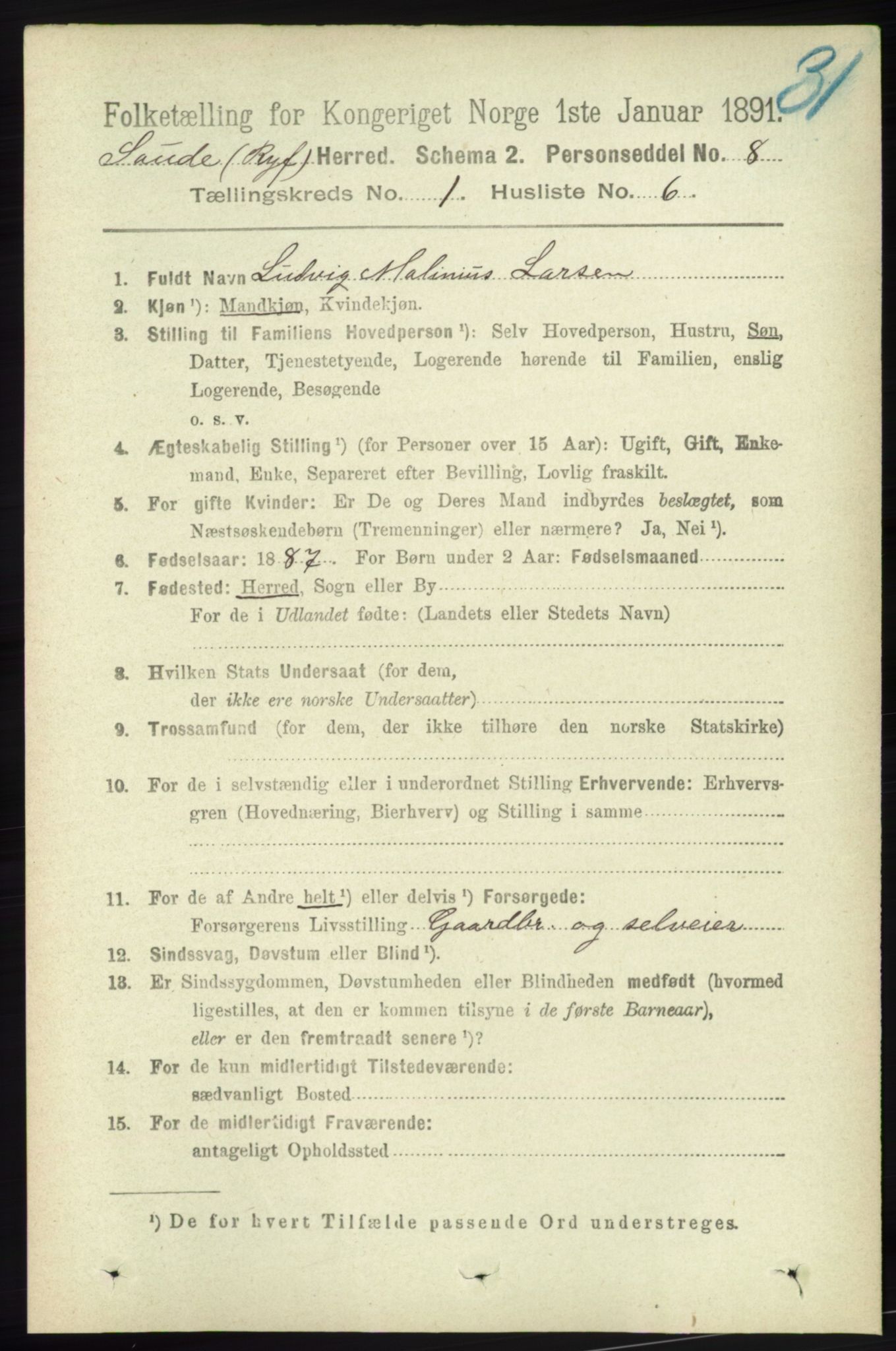 RA, 1891 census for 1135 Sauda, 1891, p. 141