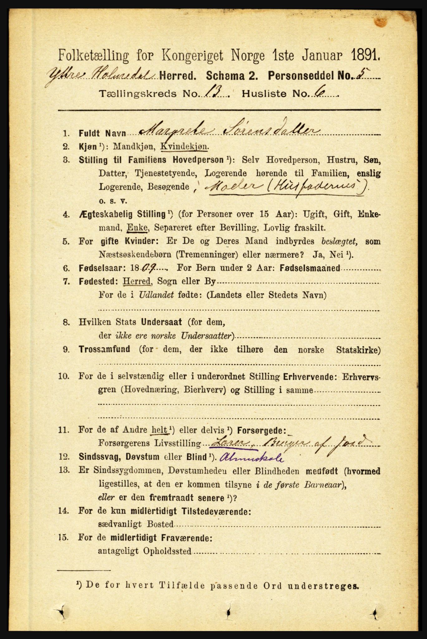 RA, 1891 census for 1429 Ytre Holmedal, 1891, p. 3476