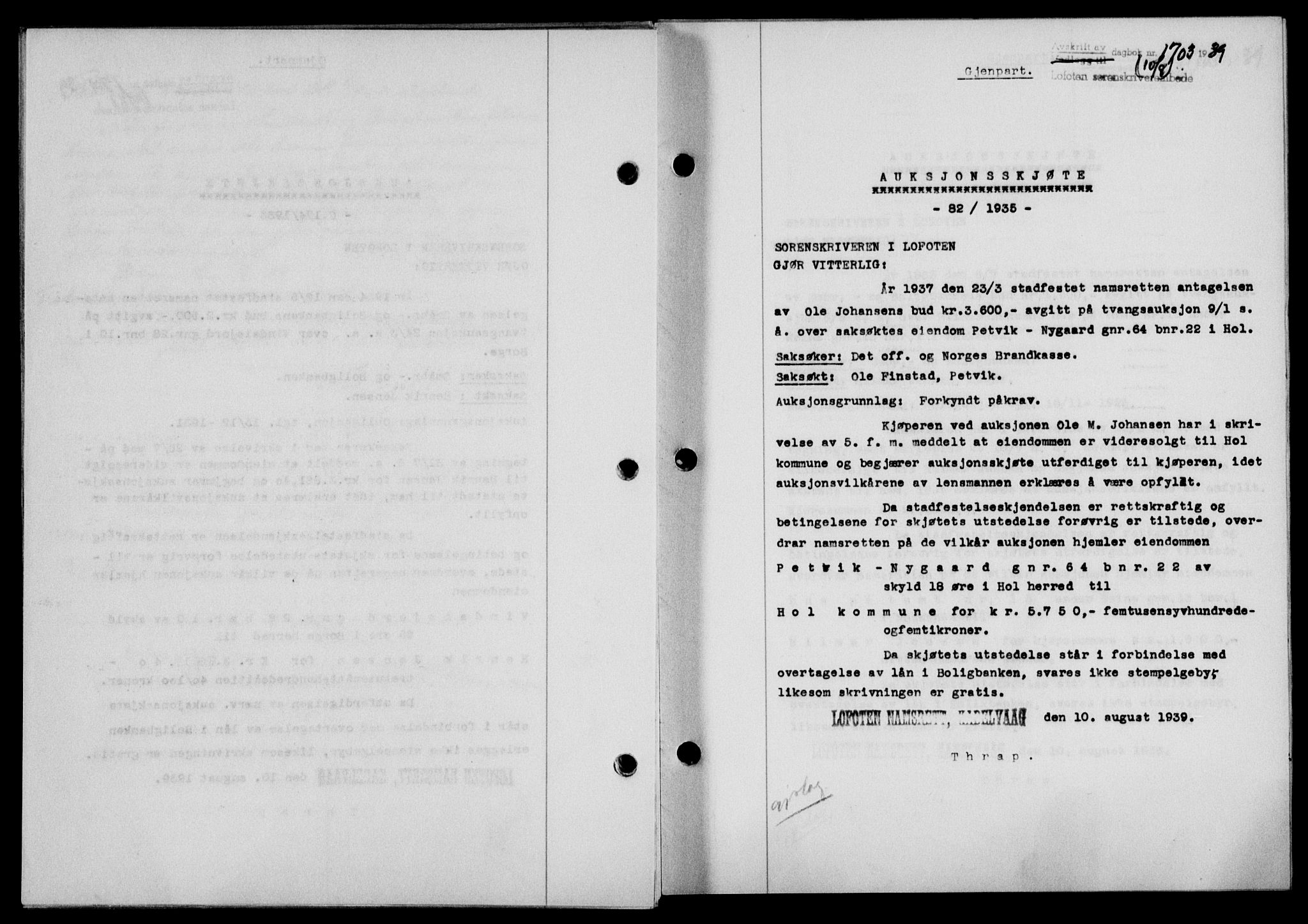 Lofoten sorenskriveri, SAT/A-0017/1/2/2C/L0006a: Mortgage book no. 6a, 1939-1939, Diary no: : 1703/1939
