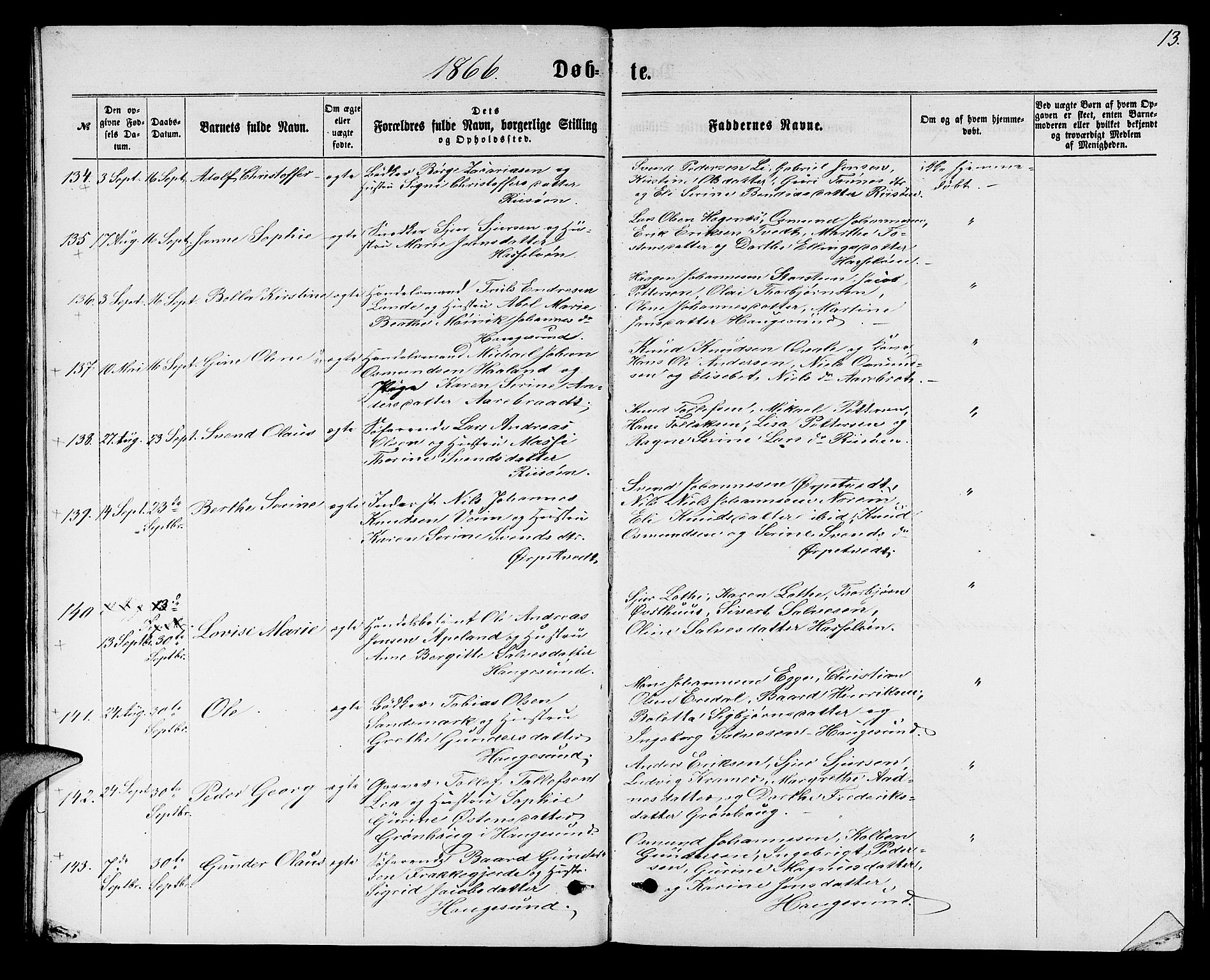 Torvastad sokneprestkontor, SAST/A -101857/H/Ha/Hab/L0007: Parish register (copy) no. B 7, 1866-1873, p. 13