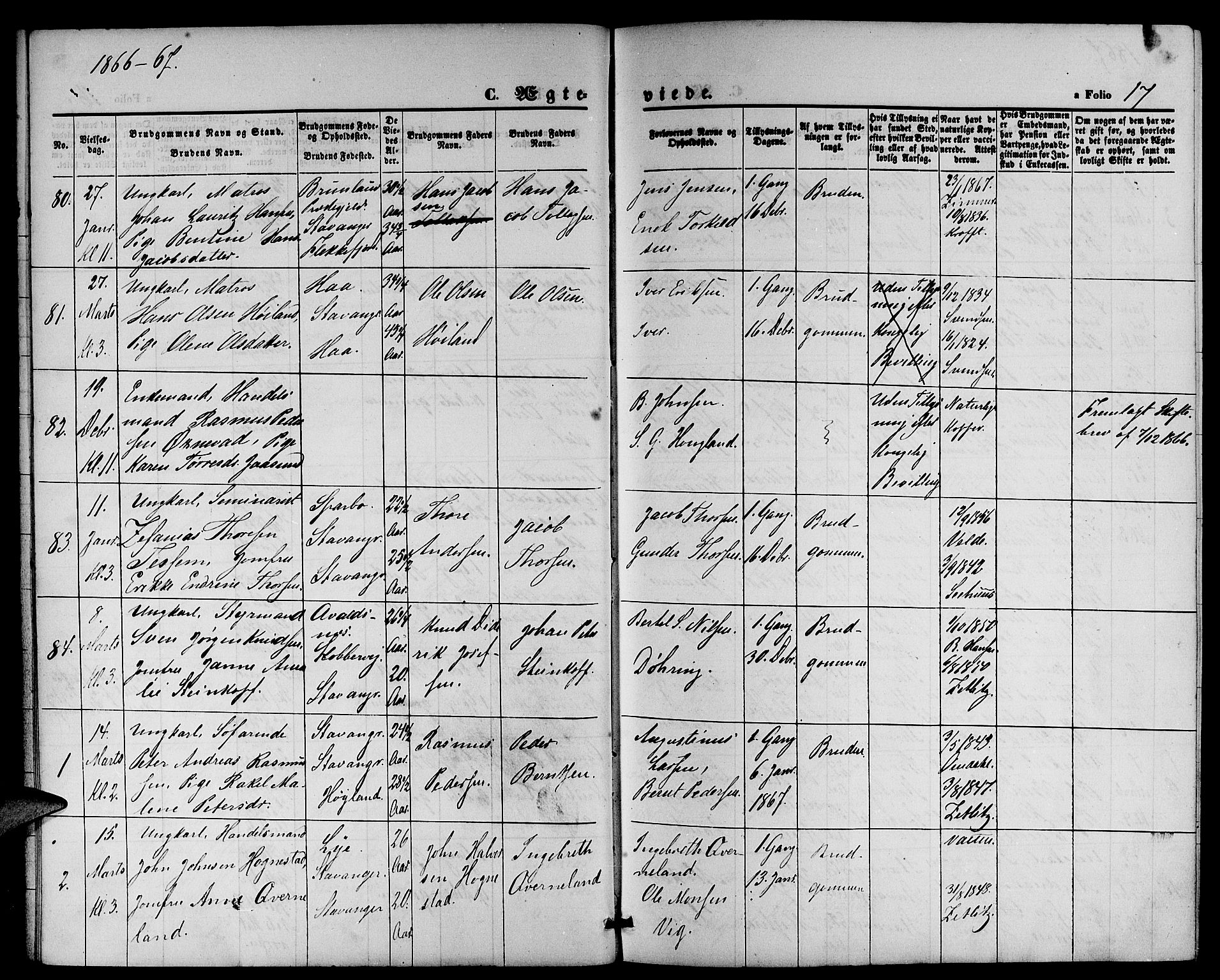 St. Petri sokneprestkontor, SAST/A-101813/001/30/30BB/L0002: Parish register (copy) no. B 2, 1865-1885, p. 17