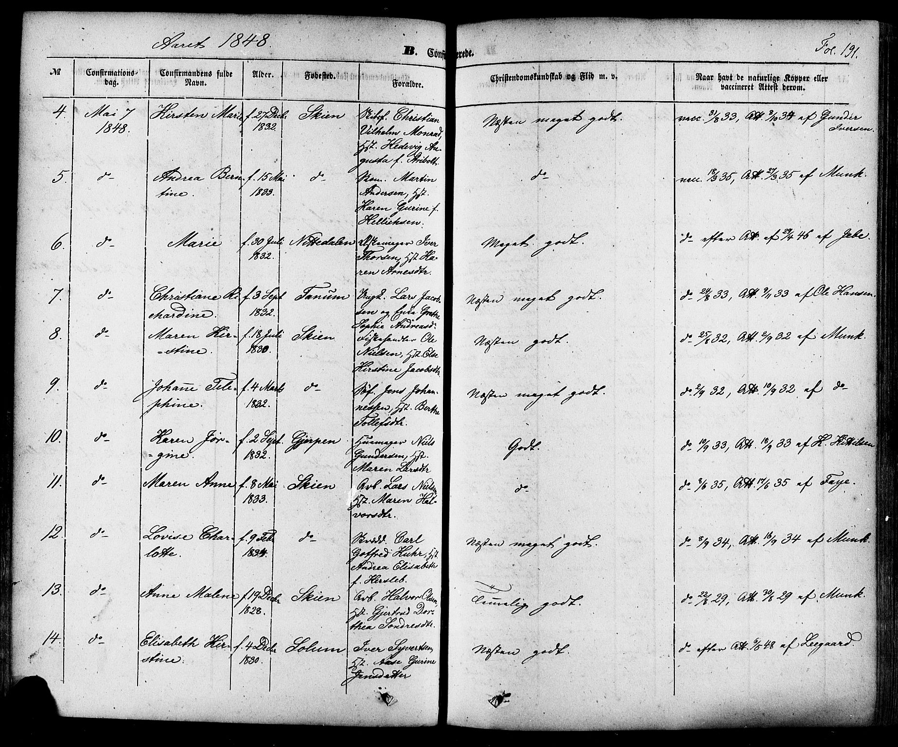 Skien kirkebøker, SAKO/A-302/F/Fa/L0006a: Parish register (official) no. 6A, 1843-1856, p. 191