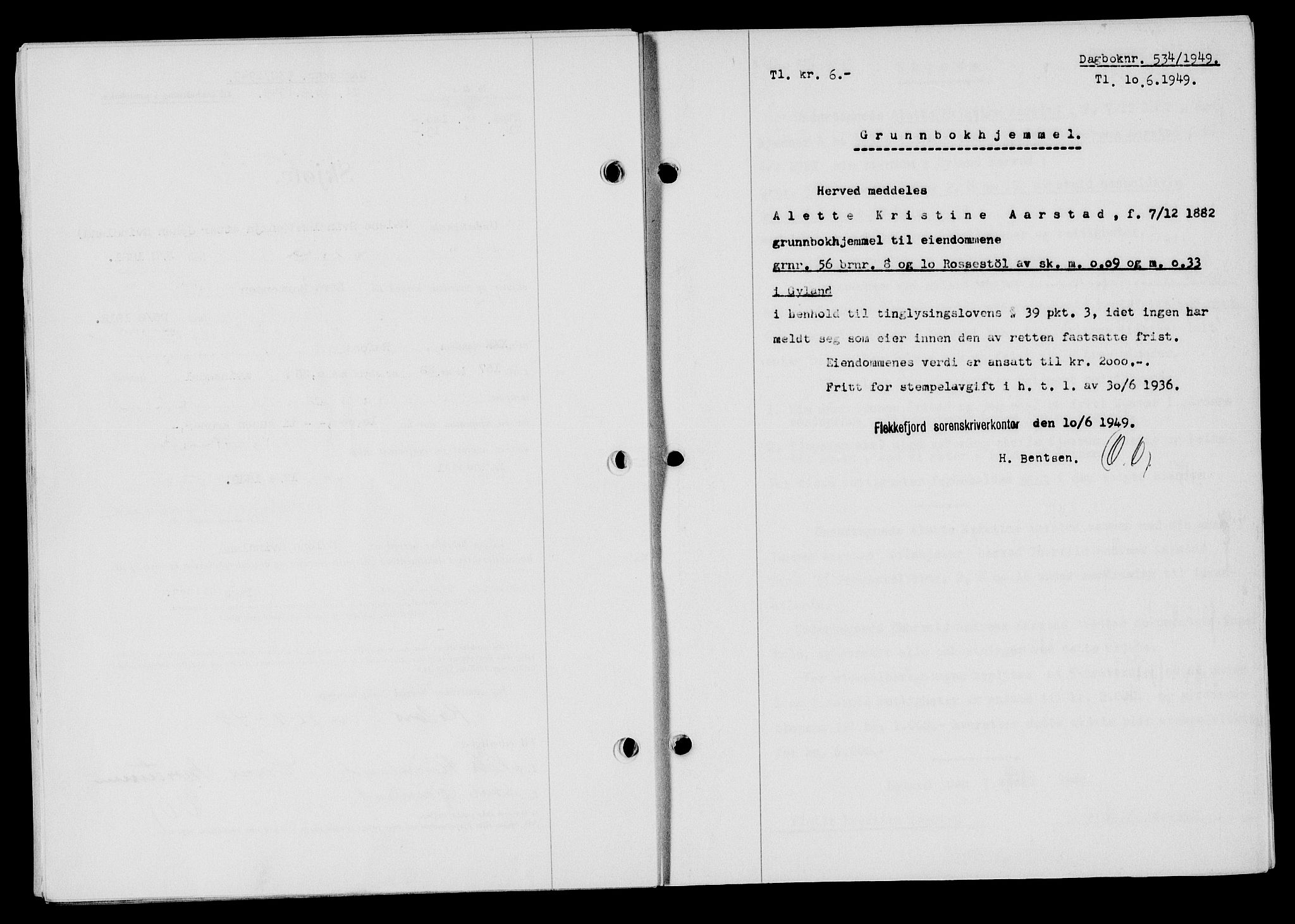 Flekkefjord sorenskriveri, SAK/1221-0001/G/Gb/Gba/L0065: Mortgage book no. A-13, 1949-1949, Diary no: : 534/1949