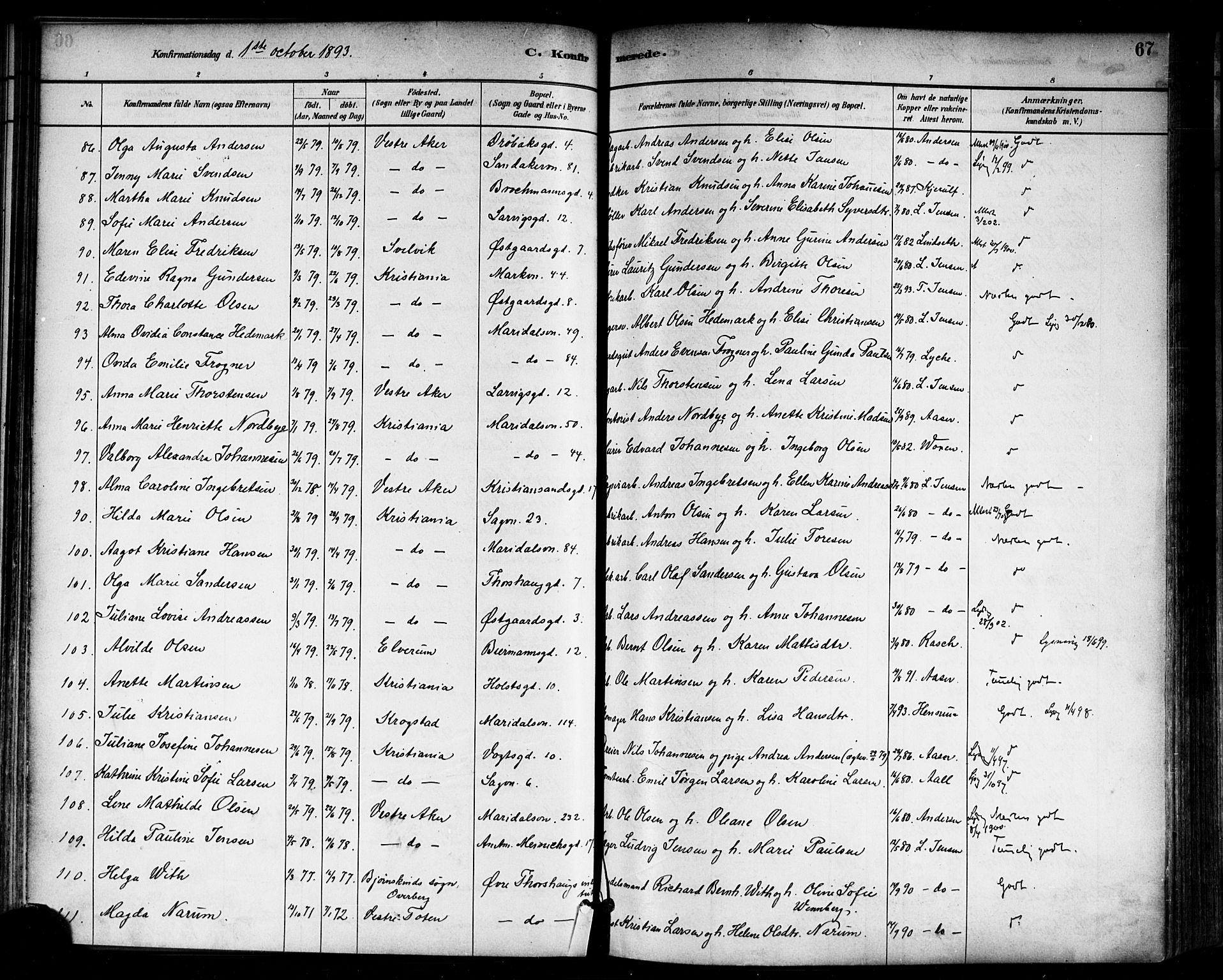 Sagene prestekontor Kirkebøker, SAO/A-10796/F/L0002: Parish register (official) no. 2, 1880-1897, p. 67