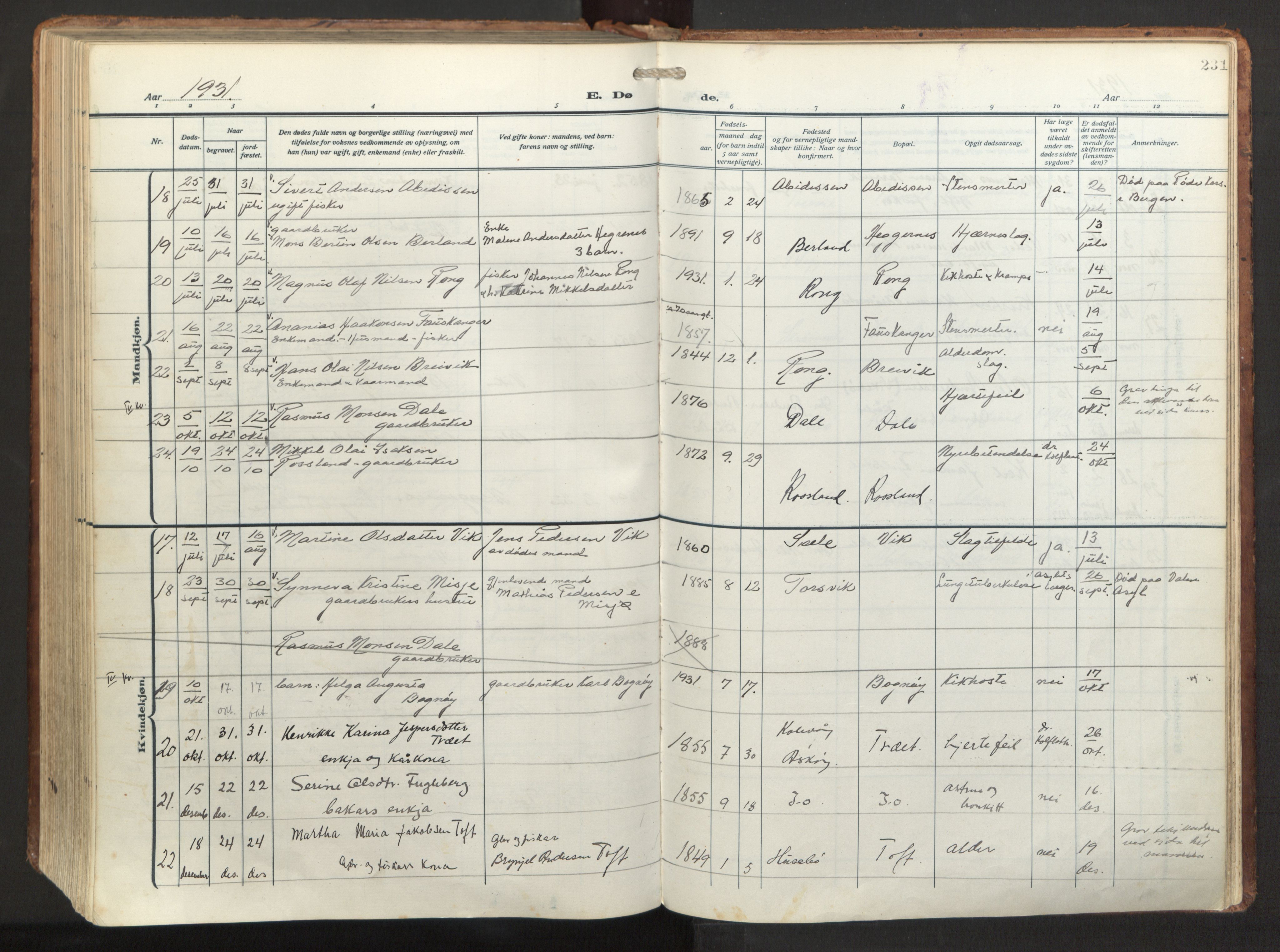 Herdla Sokneprestembete, AV/SAB-A-75701/H/Haa: Parish register (official) no. A 6, 1918-1933, p. 231