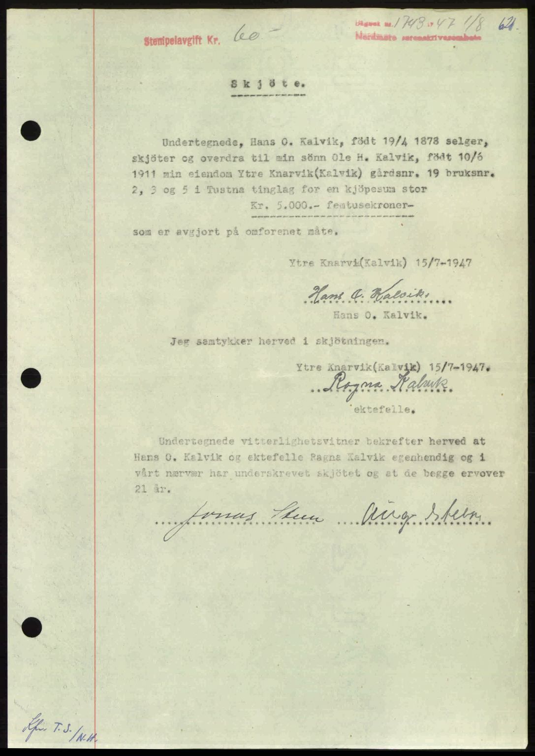 Nordmøre sorenskriveri, AV/SAT-A-4132/1/2/2Ca: Mortgage book no. A105, 1947-1947, Diary no: : 1743/1947