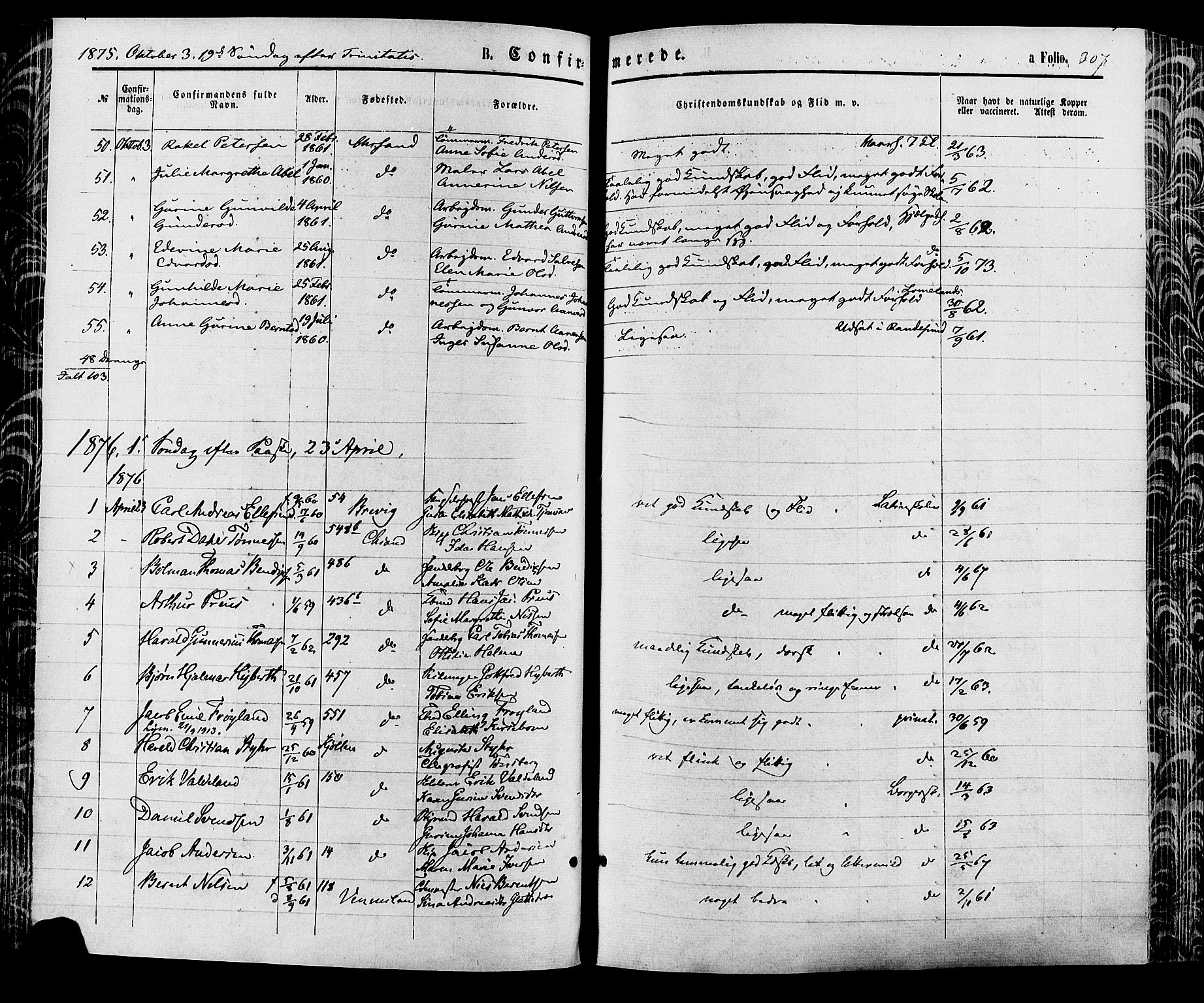 Kristiansand domprosti, SAK/1112-0006/F/Fa/L0015: Parish register (official) no. A 15, 1867-1880, p. 307