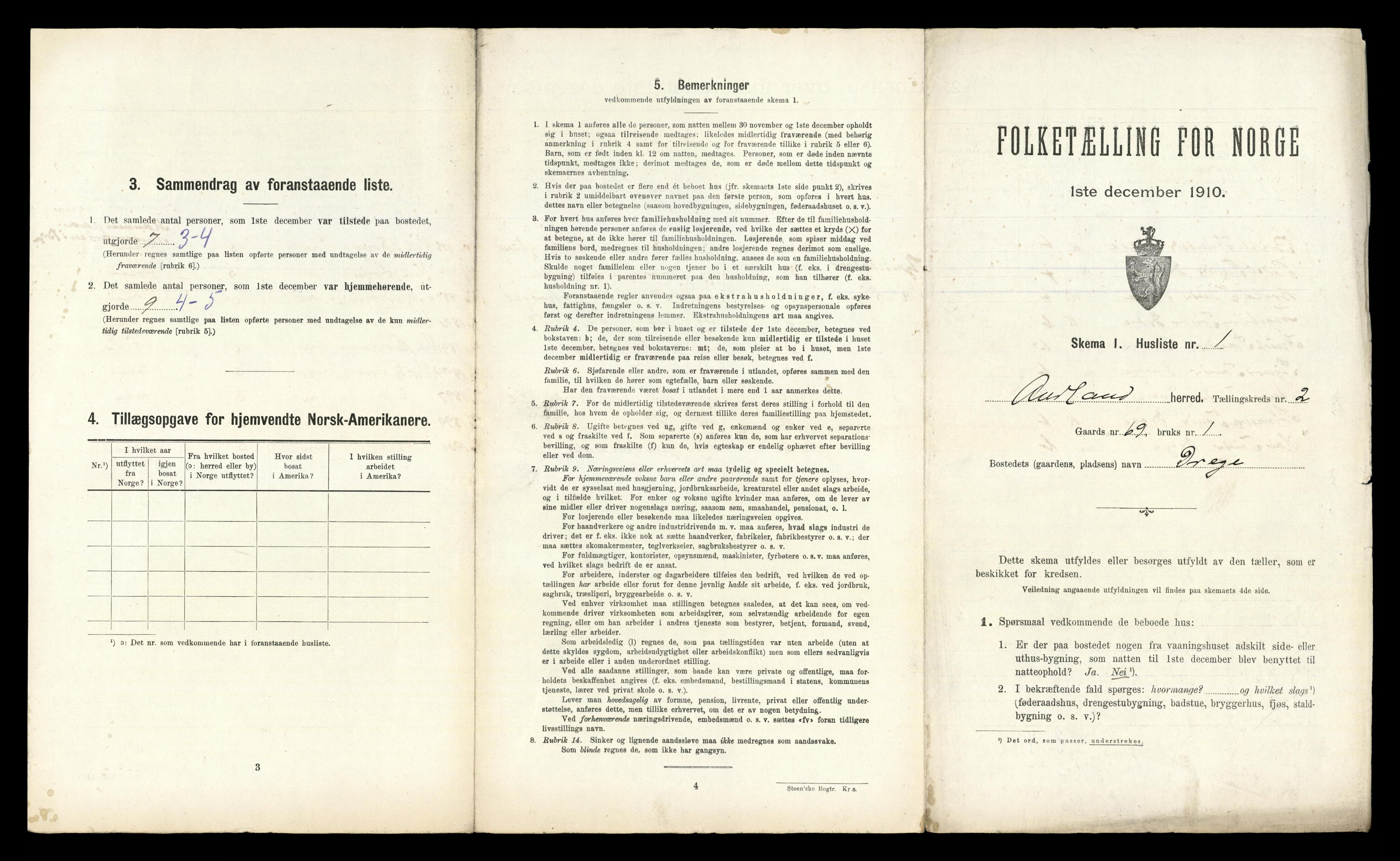 RA, 1910 census for Aurland, 1910, p. 139