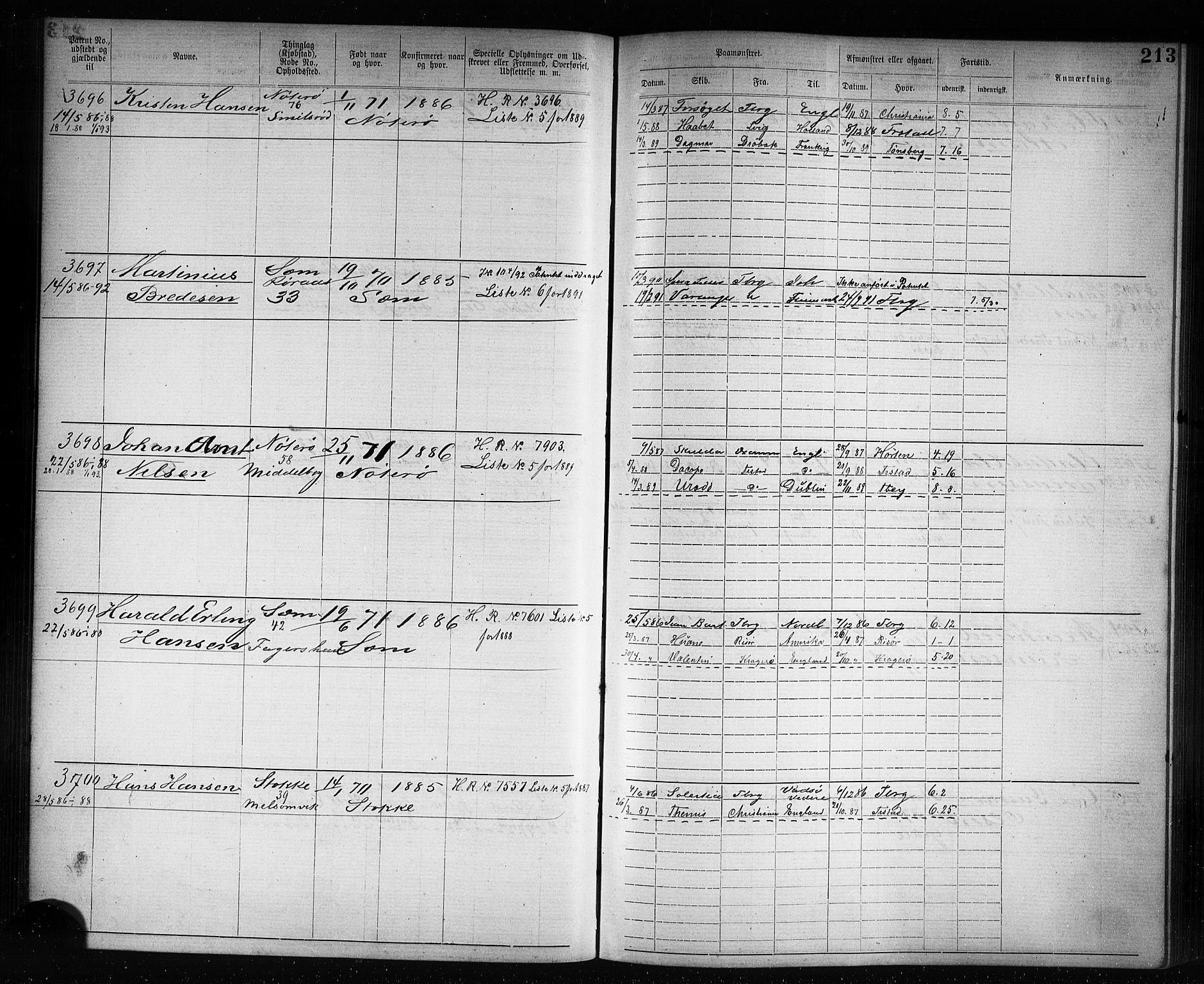 Tønsberg innrulleringskontor, SAKO/A-786/F/Fb/L0007: Annotasjonsrulle Patent nr. 2636-5150, 1881-1892, p. 214