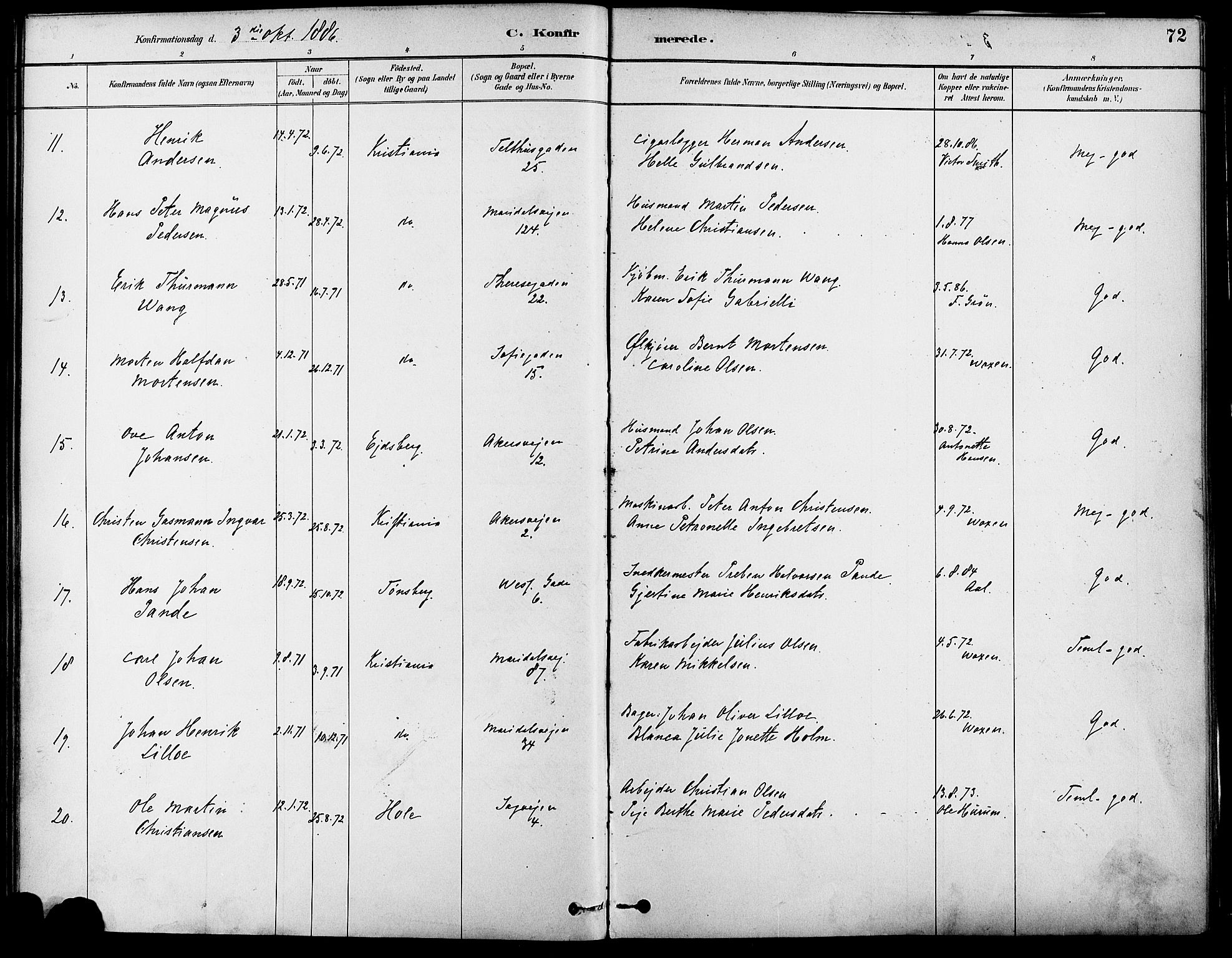 Gamle Aker prestekontor Kirkebøker, AV/SAO-A-10617a/F/L0007: Parish register (official) no. 7, 1882-1890, p. 72