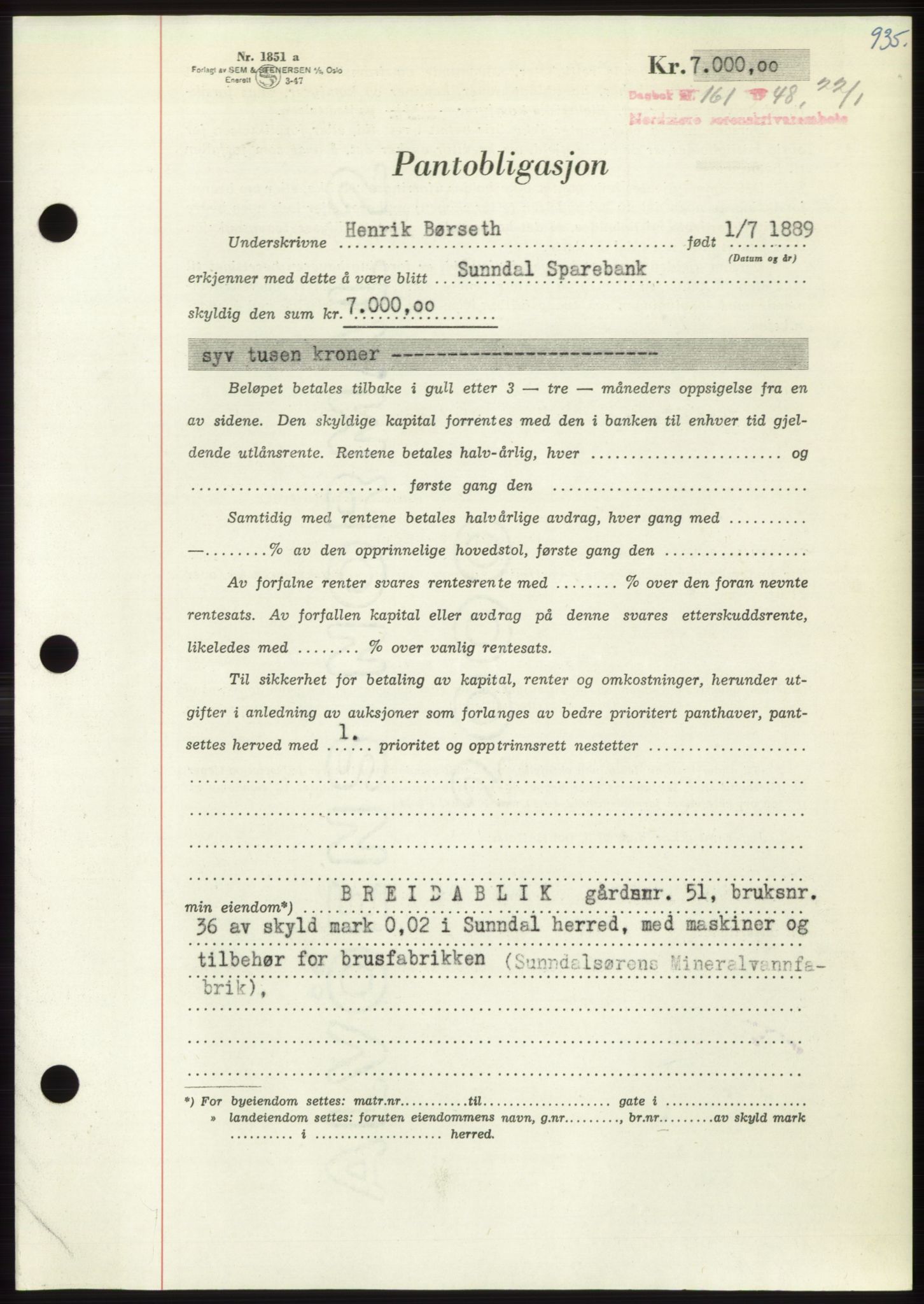 Nordmøre sorenskriveri, AV/SAT-A-4132/1/2/2Ca: Mortgage book no. B97, 1947-1948, Diary no: : 161/1948