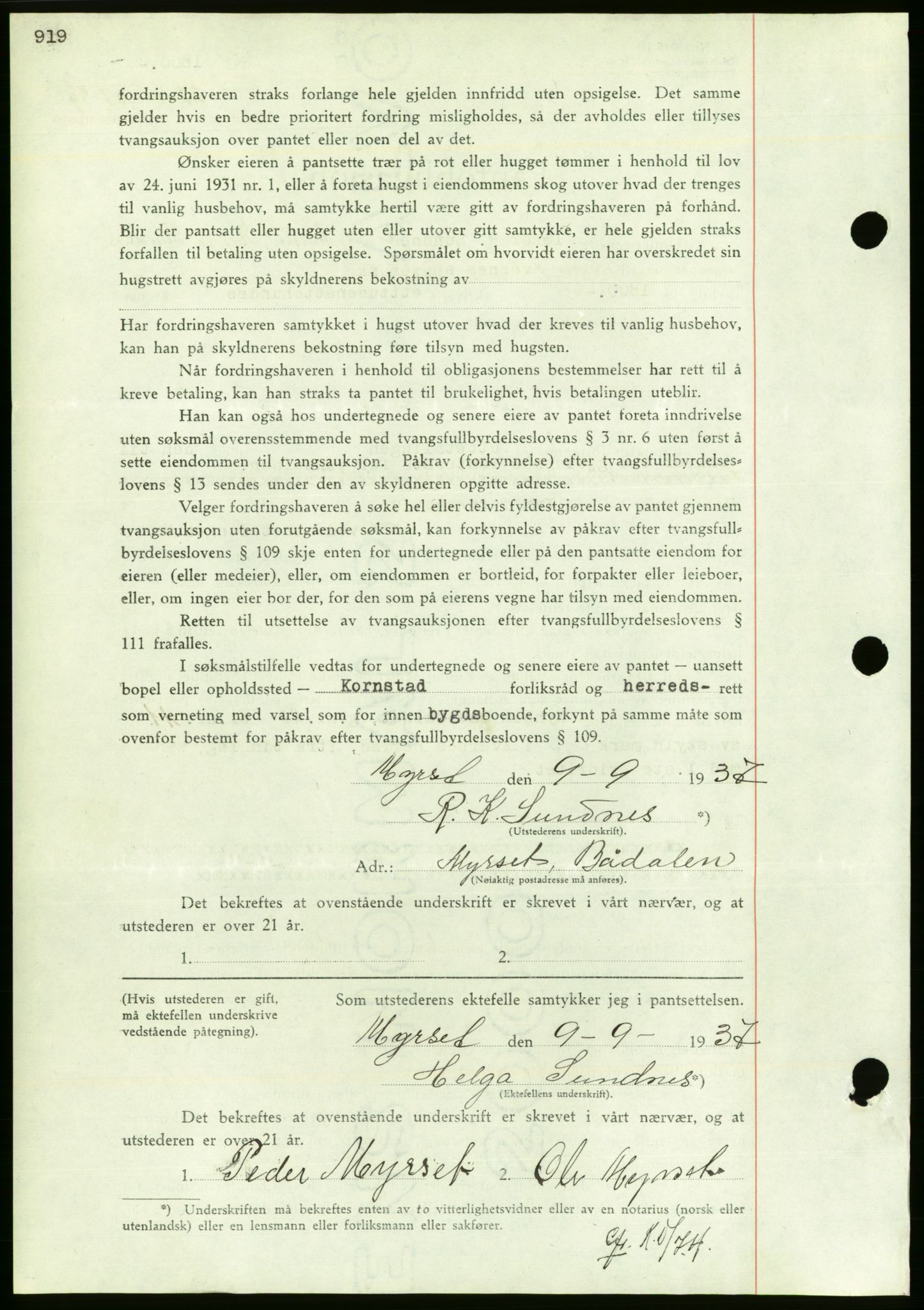 Nordmøre sorenskriveri, AV/SAT-A-4132/1/2/2Ca/L0091: Mortgage book no. B81, 1937-1937, Diary no: : 2211/1937