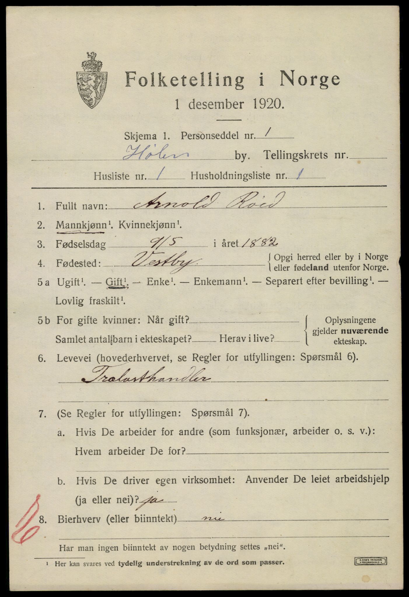 SAO, 1920 census for Hølen, 1920, p. 229
