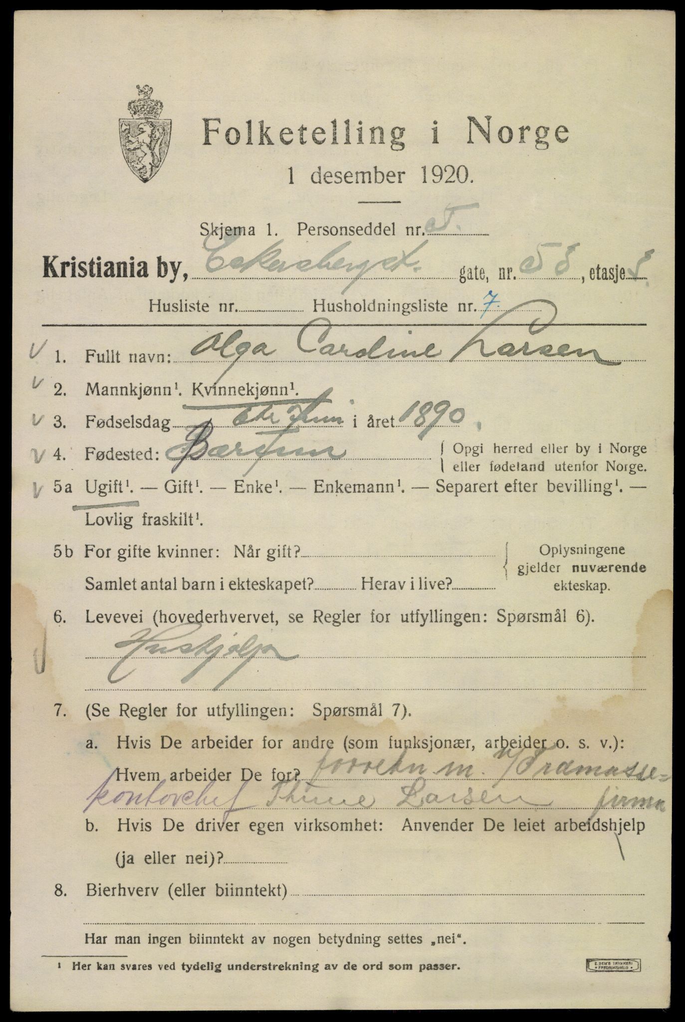 SAO, 1920 census for Kristiania, 1920, p. 209523