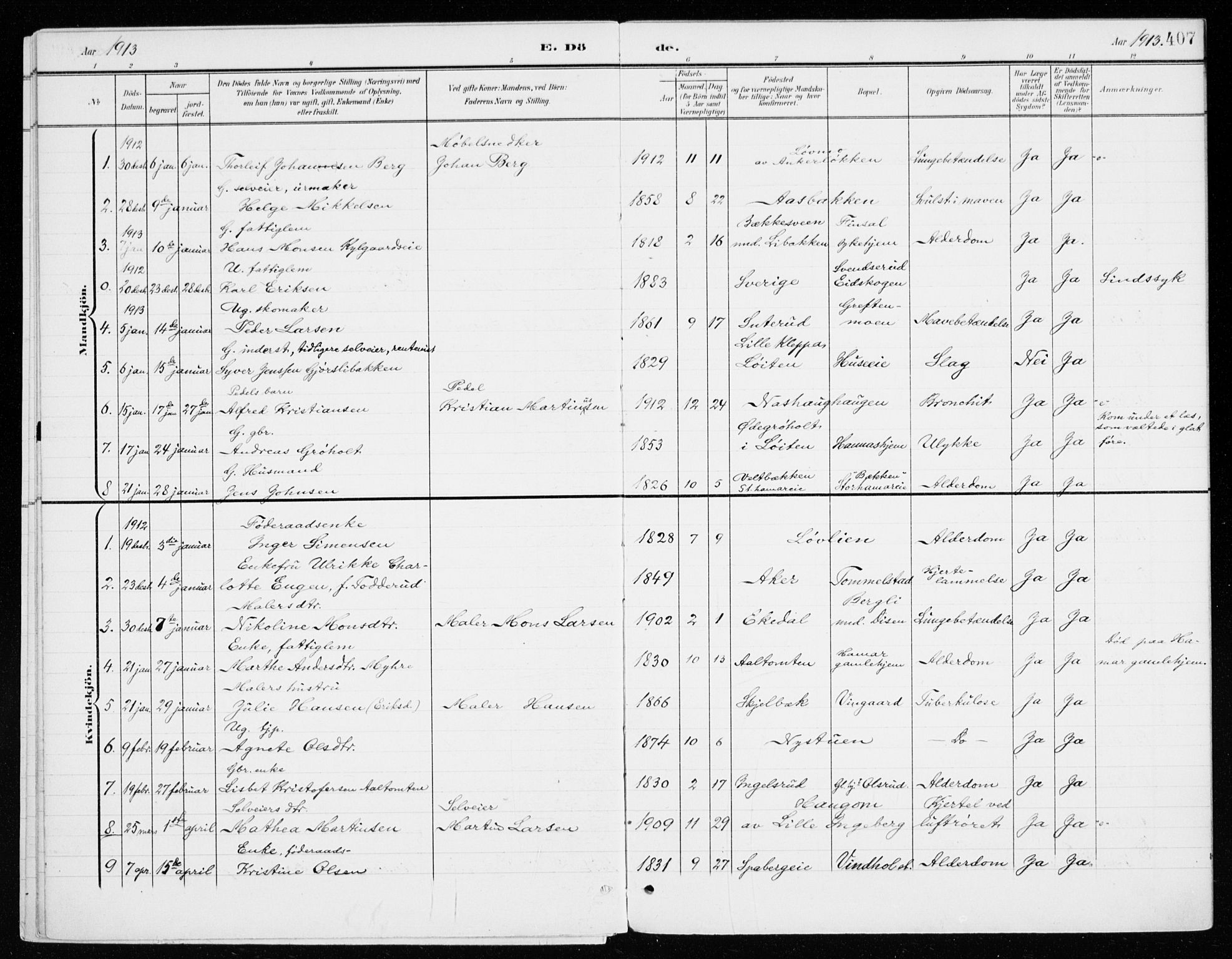 Vang prestekontor, Hedmark, SAH/PREST-008/H/Ha/Haa/L0021: Parish register (official) no. 21, 1902-1917, p. 407