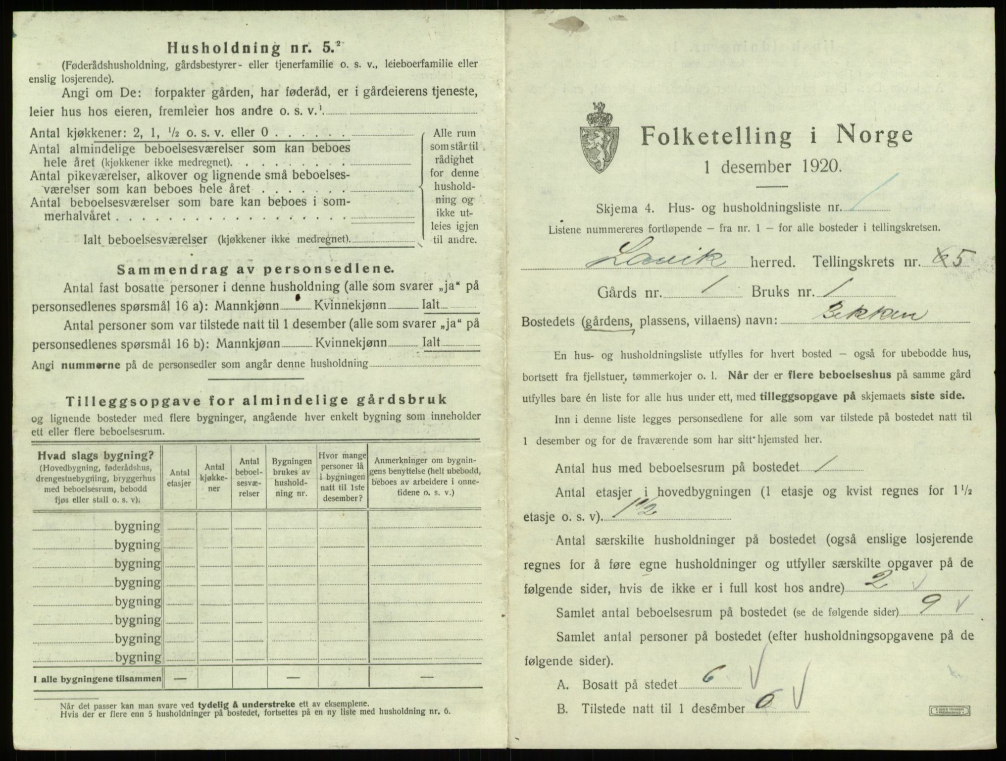 SAB, 1920 census for Lavik, 1920, p. 137