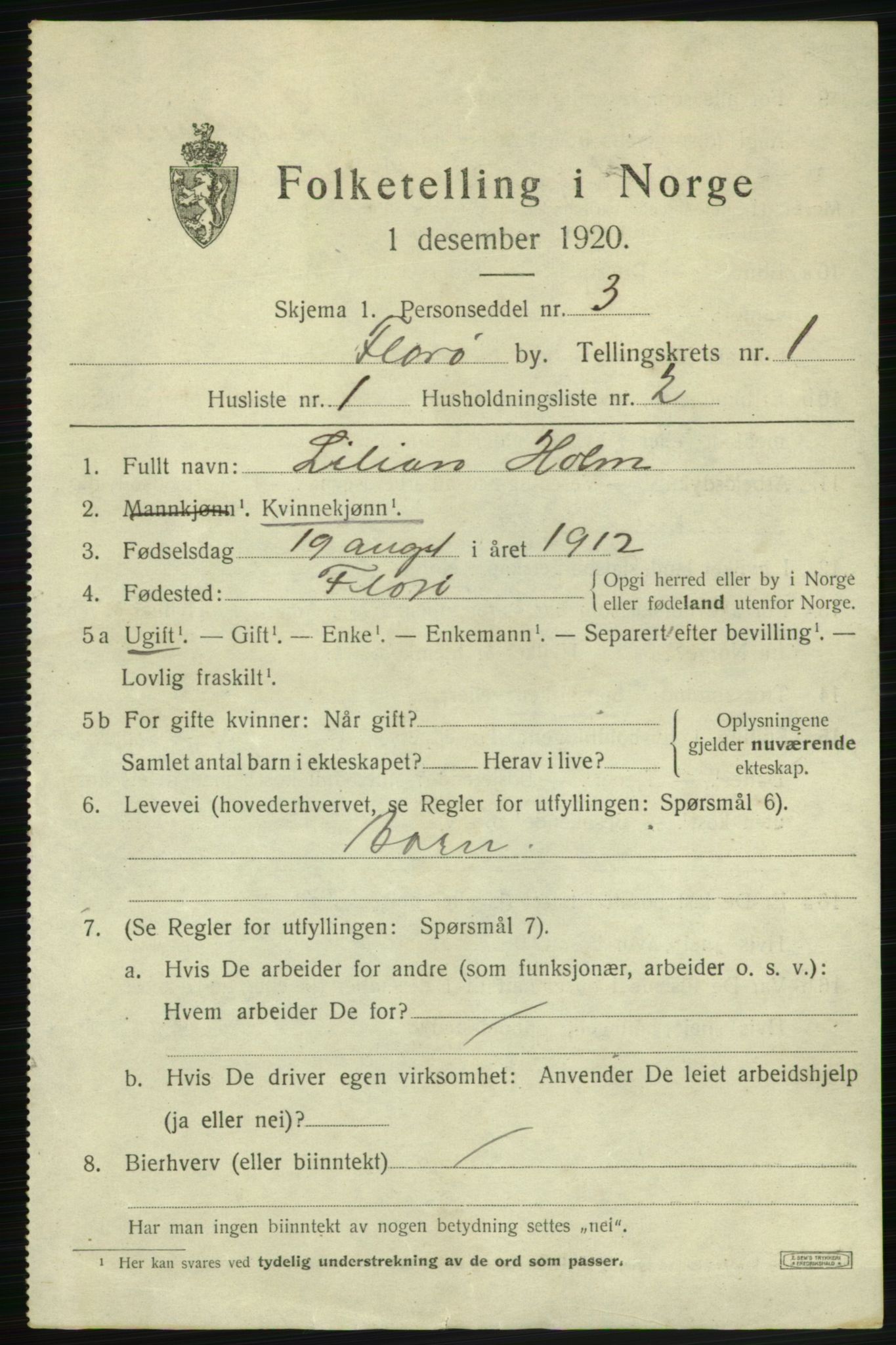 SAB, 1920 census for Florø, 1920, p. 1076