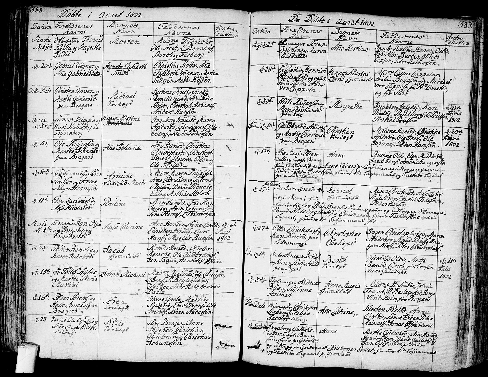 Bragernes kirkebøker, AV/SAKO-A-6/F/Fa/L0006a: Parish register (official) no. I 6, 1782-1814, p. 388-389