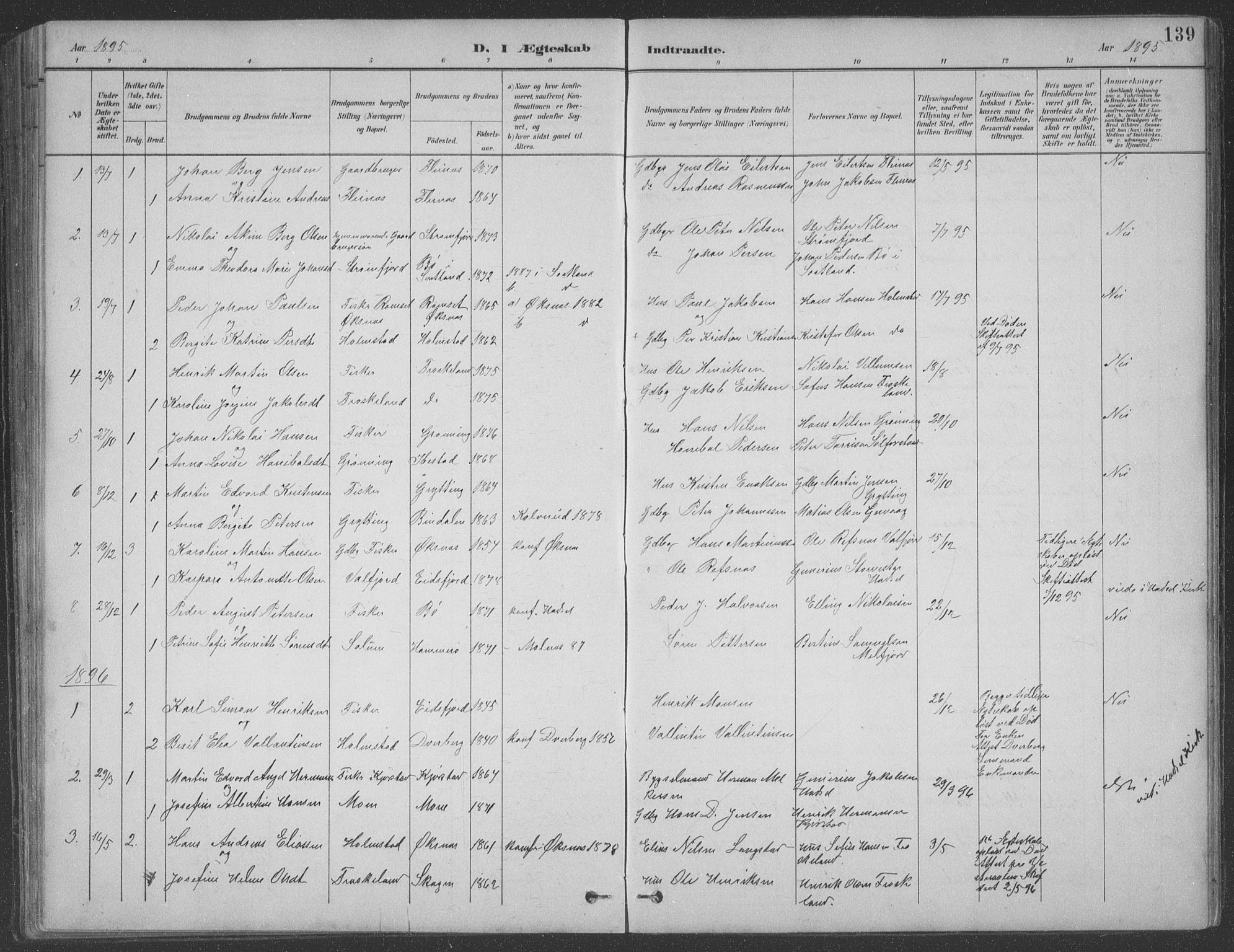 Ministerialprotokoller, klokkerbøker og fødselsregistre - Nordland, AV/SAT-A-1459/890/L1290: Parish register (copy) no. 890C01, 1882-1911, p. 139