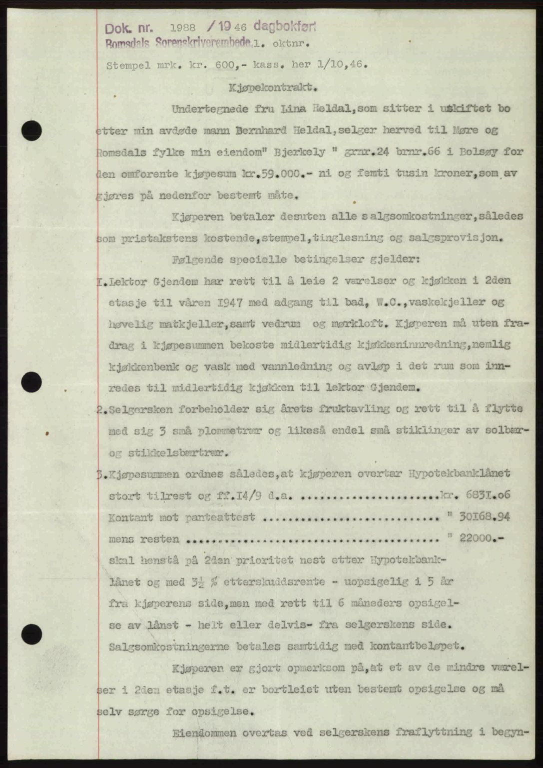 Romsdal sorenskriveri, AV/SAT-A-4149/1/2/2C: Mortgage book no. A21, 1946-1946, Diary no: : 1988/1946