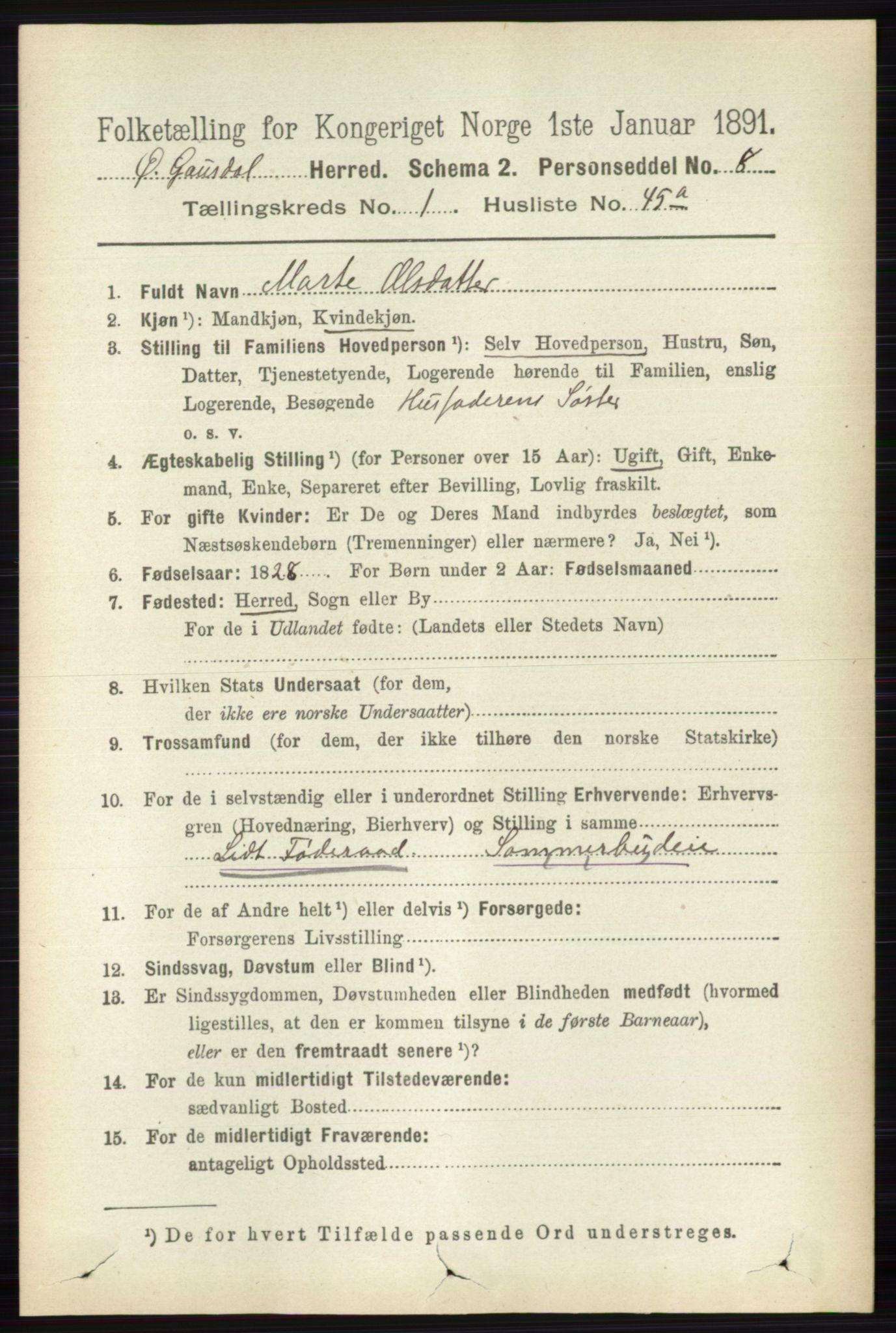 RA, 1891 census for 0522 Østre Gausdal, 1891, p. 475