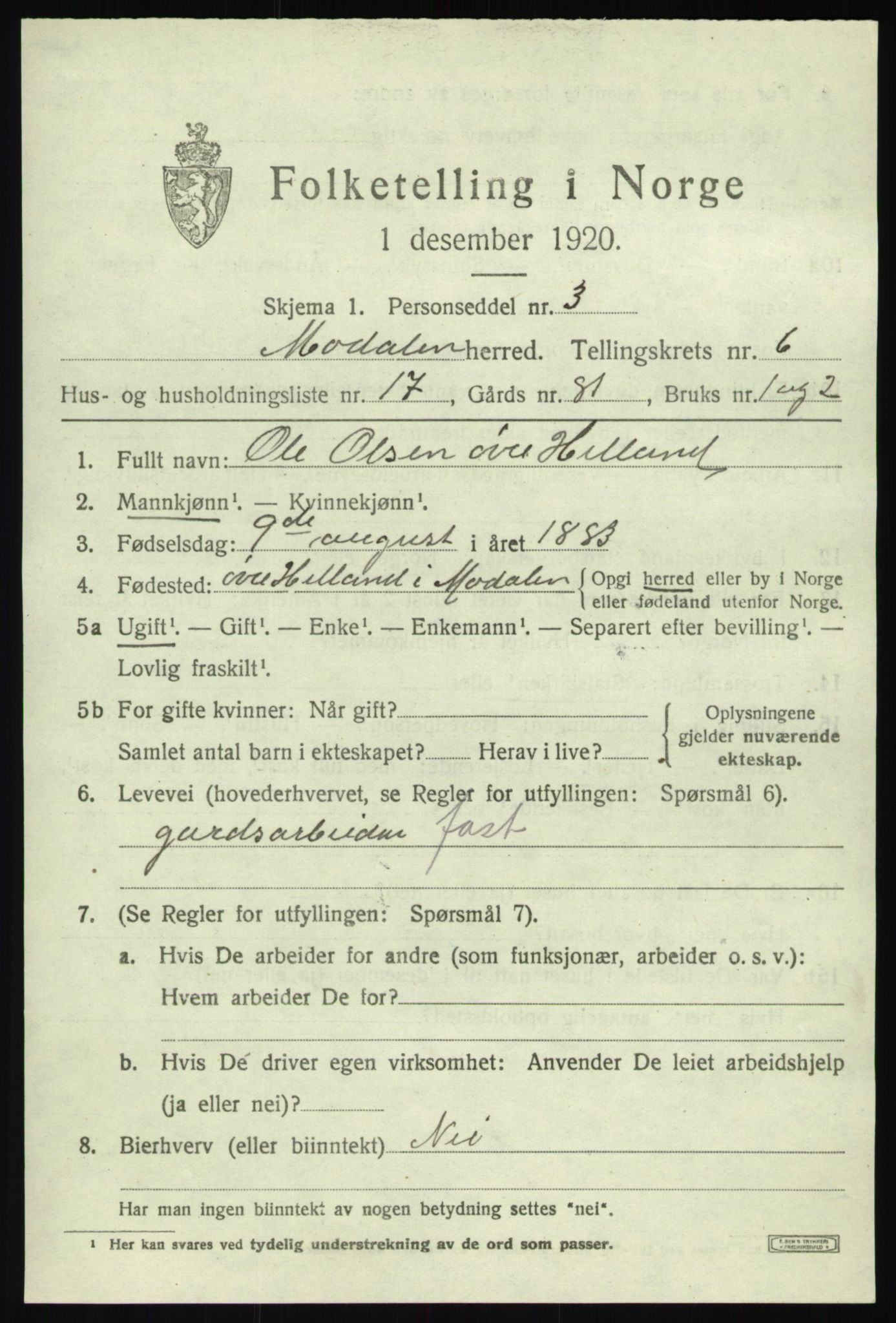 SAB, 1920 census for Modalen, 1920, p. 1372
