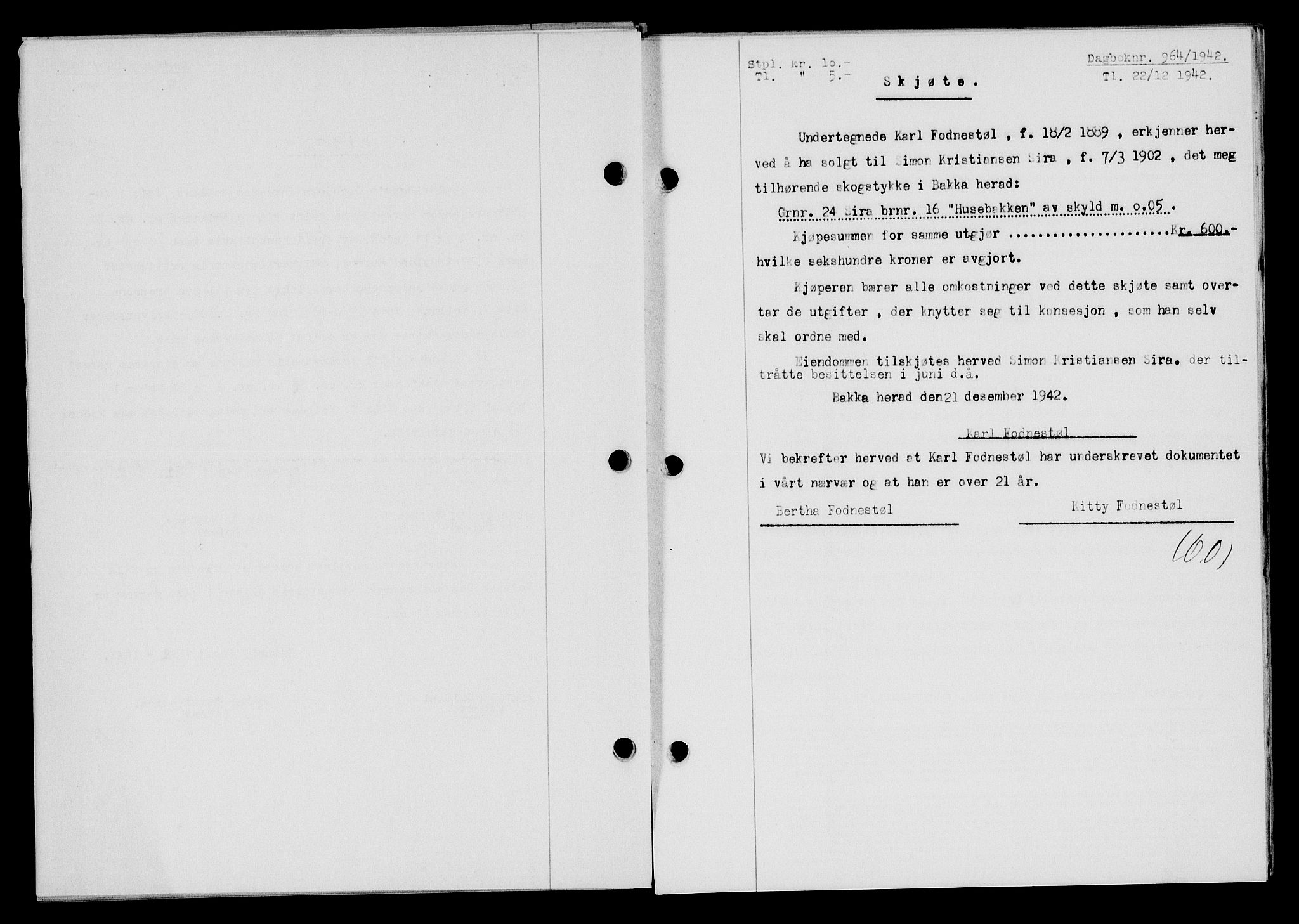 Flekkefjord sorenskriveri, SAK/1221-0001/G/Gb/Gba/L0058: Mortgage book no. A-6, 1942-1944, Diary no: : 964/1942