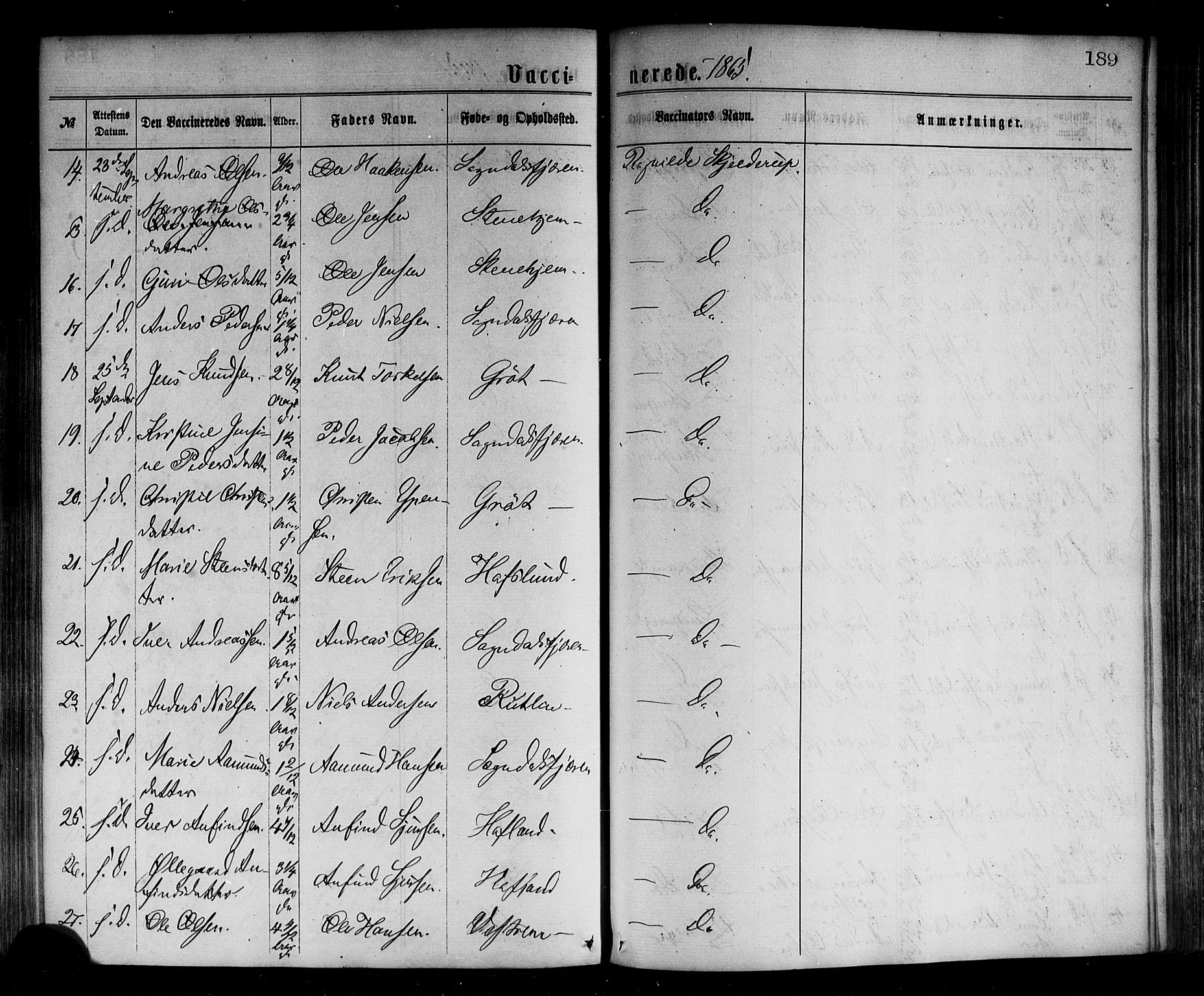 Sogndal sokneprestembete, AV/SAB-A-81301/H/Haa/Haaa/L0014: Parish register (official) no. A 14, 1864-1877, p. 189