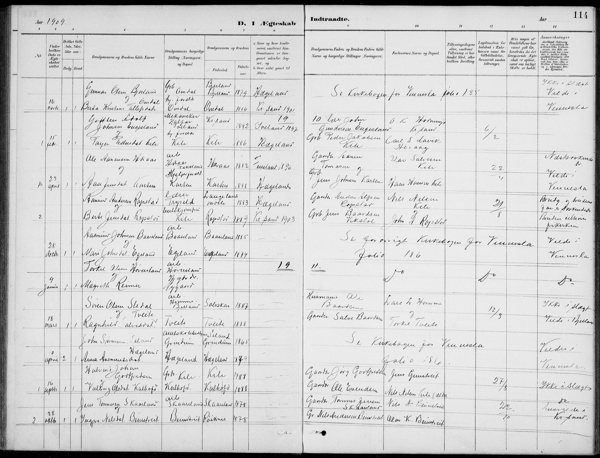 Vennesla sokneprestkontor, AV/SAK-1111-0045/Fb/Fba/L0003: Parish register (copy) no. B 3, 1890-1919, p. 114