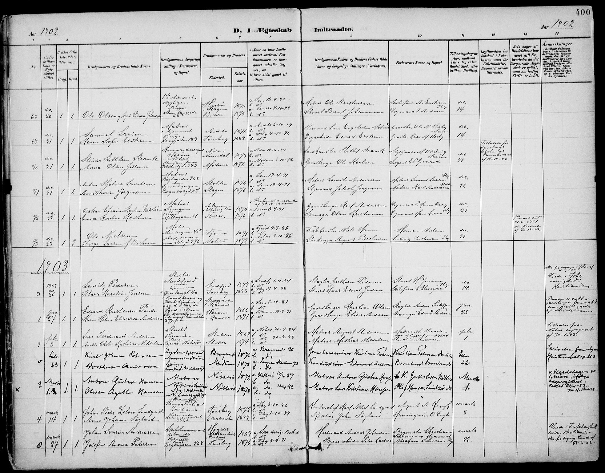 Tønsberg kirkebøker, AV/SAKO-A-330/F/Fa/L0013: Parish register (official) no. I 13, 1900-1913, p. 400