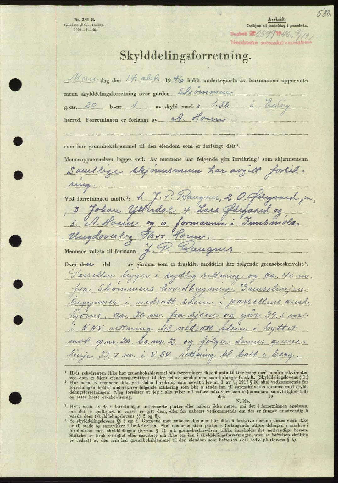 Nordmøre sorenskriveri, AV/SAT-A-4132/1/2/2Ca: Mortgage book no. A103, 1946-1947, Diary no: : 2599/1946