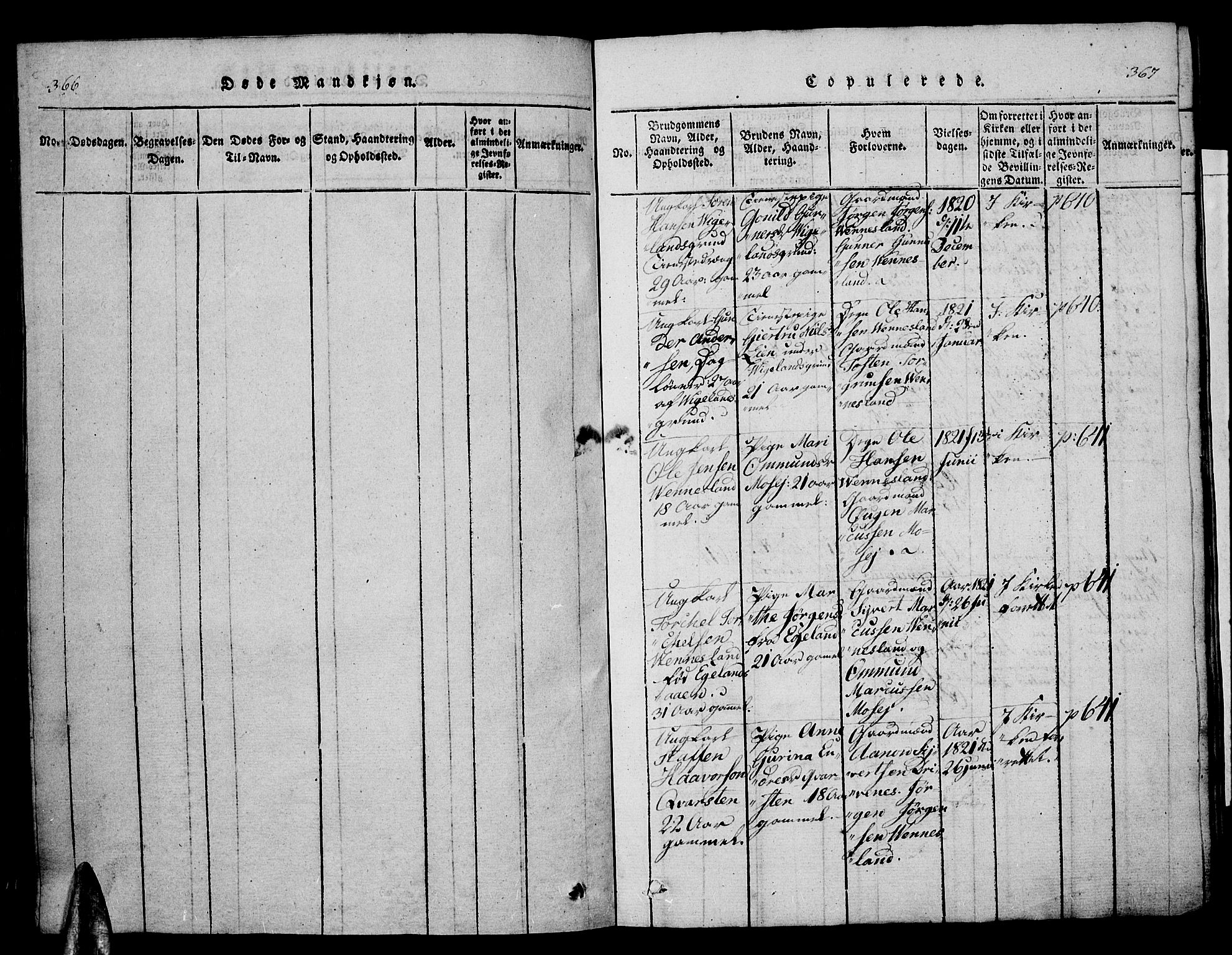 Vennesla sokneprestkontor, AV/SAK-1111-0045/Fb/Fbb/L0001: Parish register (copy) no. B 1, 1820-1834, p. 366-367