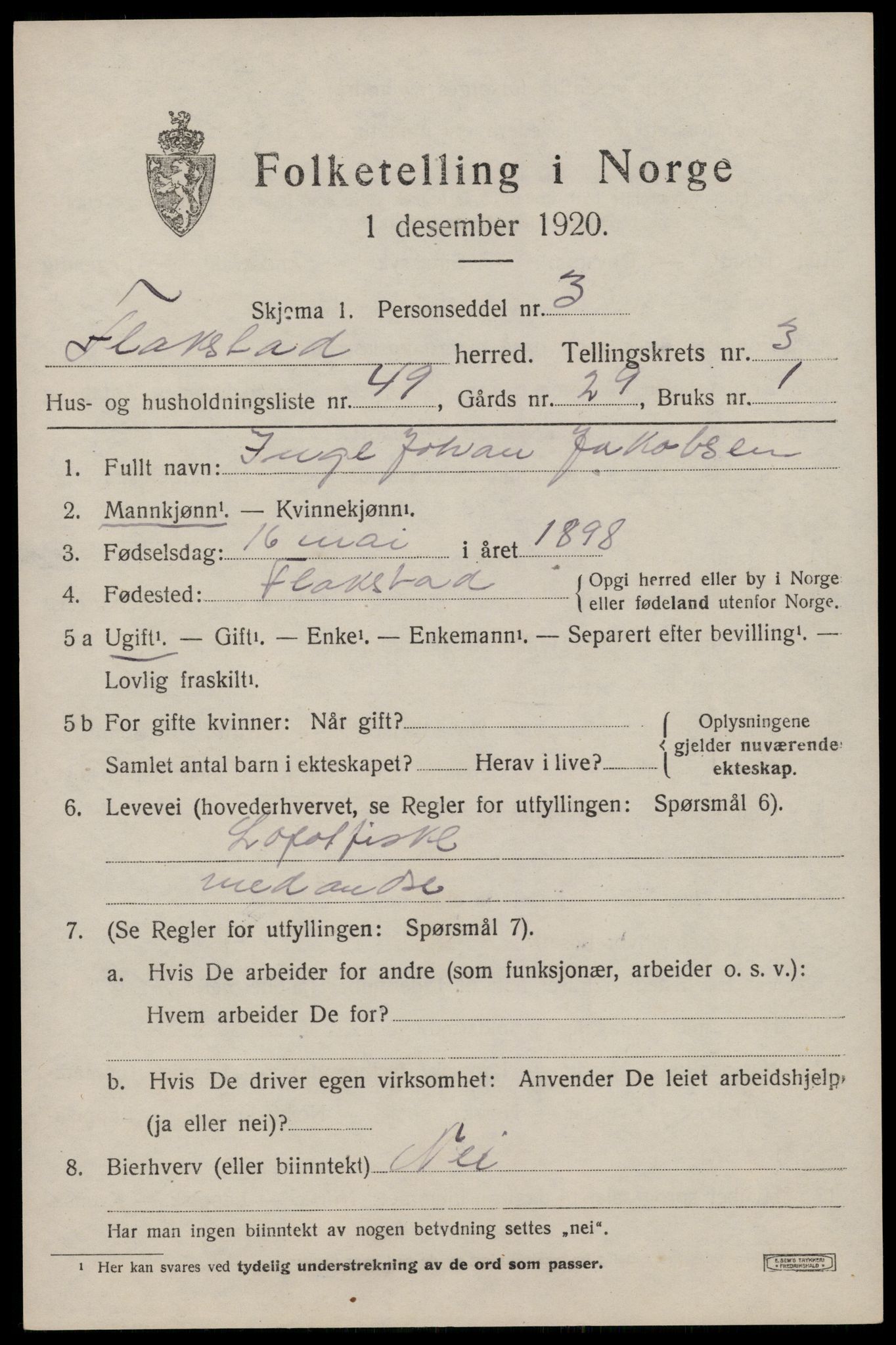 SAT, 1920 census for Flakstad, 1920, p. 2809