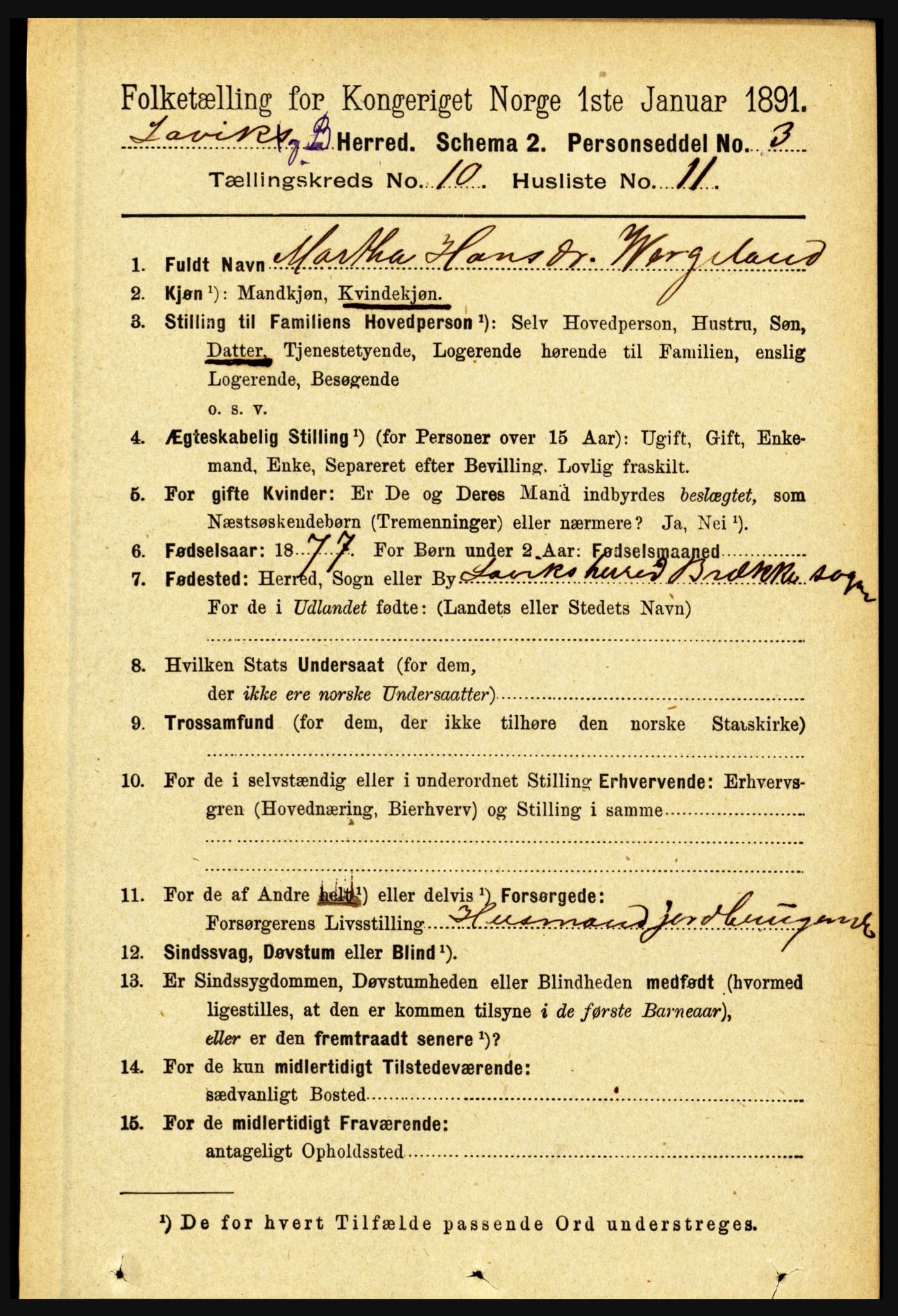 RA, 1891 census for 1415 Lavik og Brekke, 1891, p. 2044