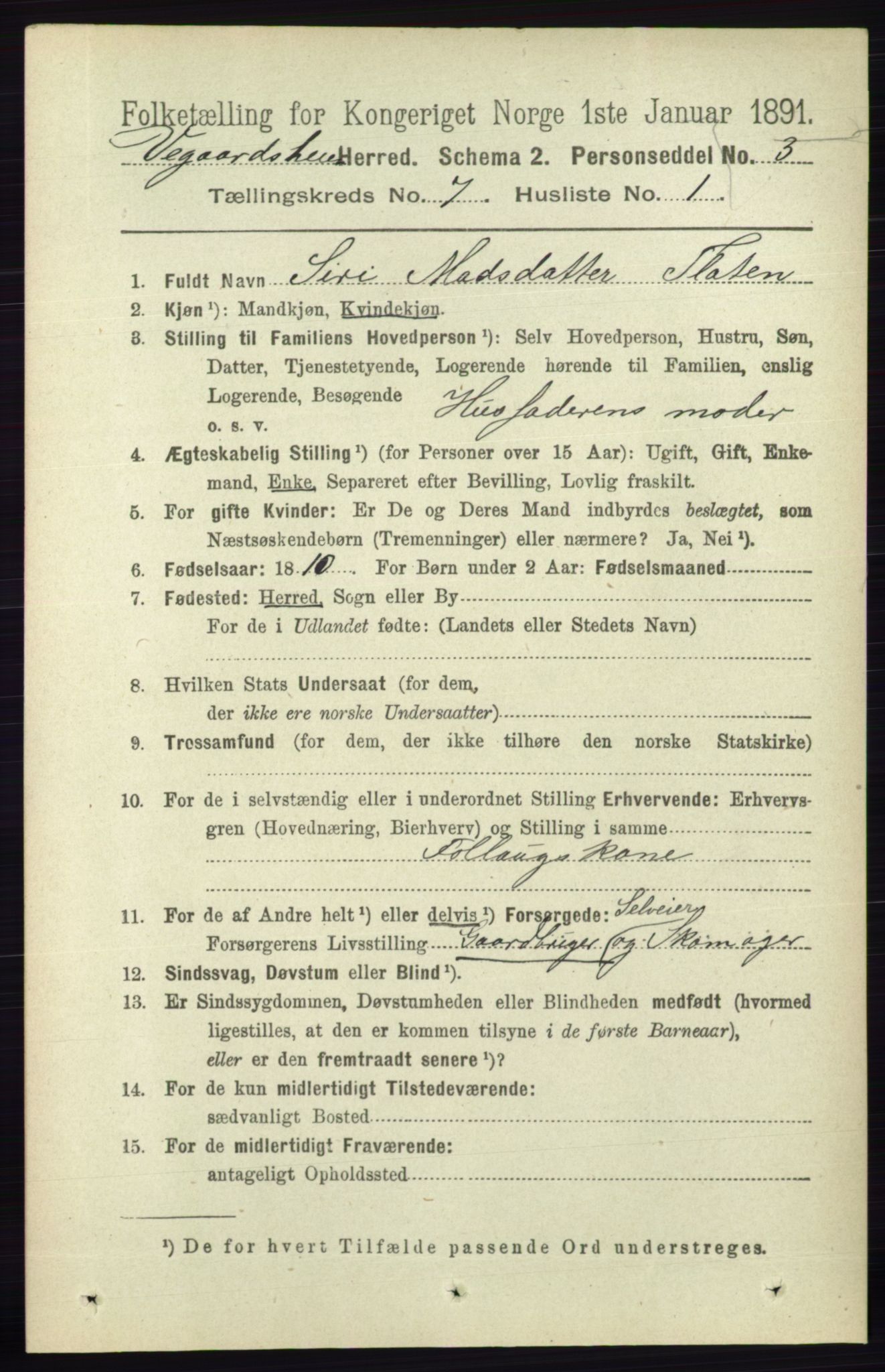 RA, 1891 census for 0912 Vegårshei, 1891, p. 1336