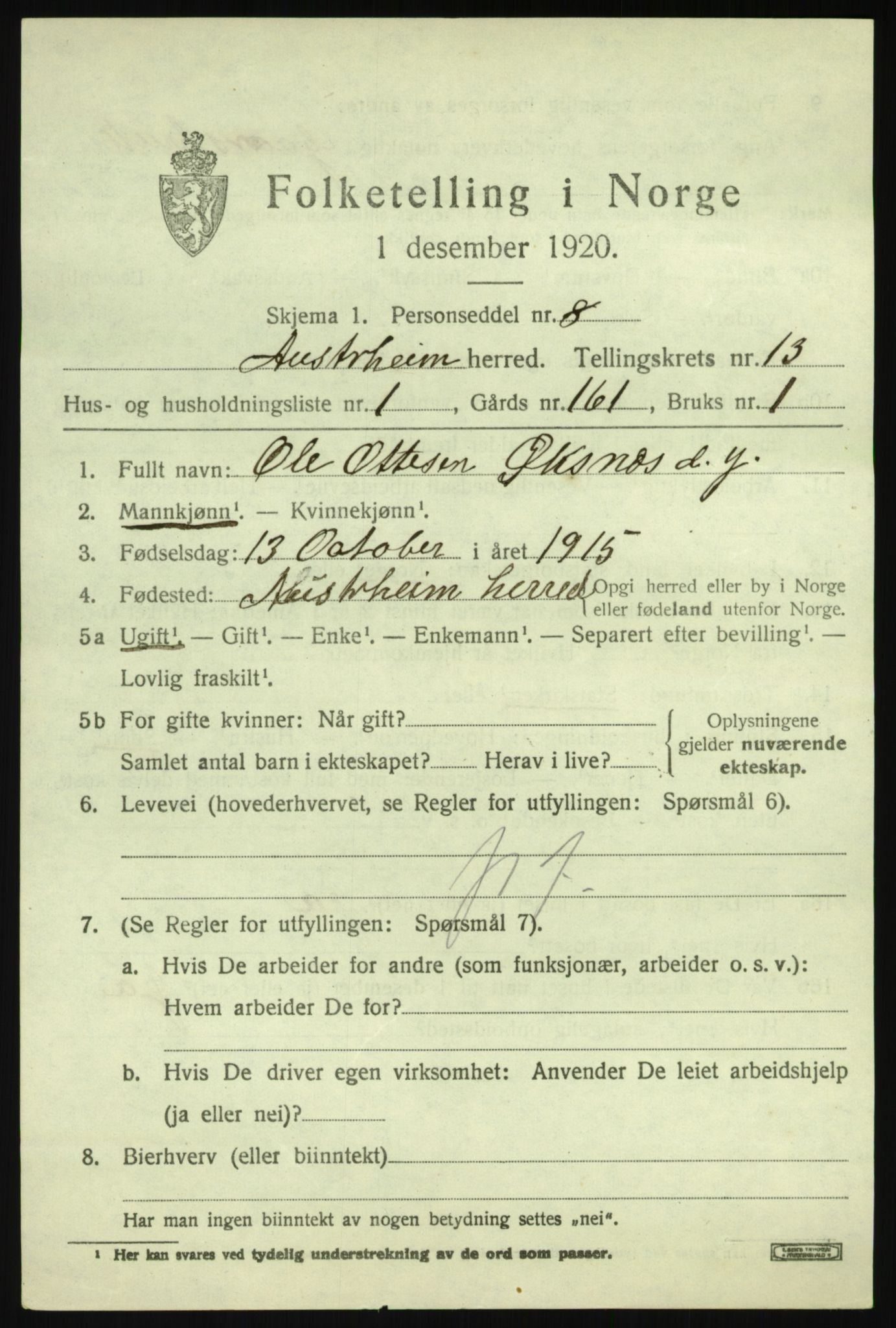 SAB, 1920 census for Austrheim, 1920, p. 4528