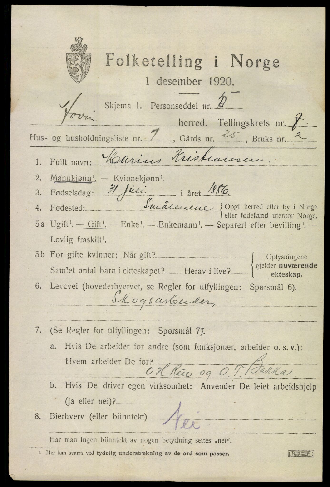 SAKO, 1920 census for Hovin, 1920, p. 1699