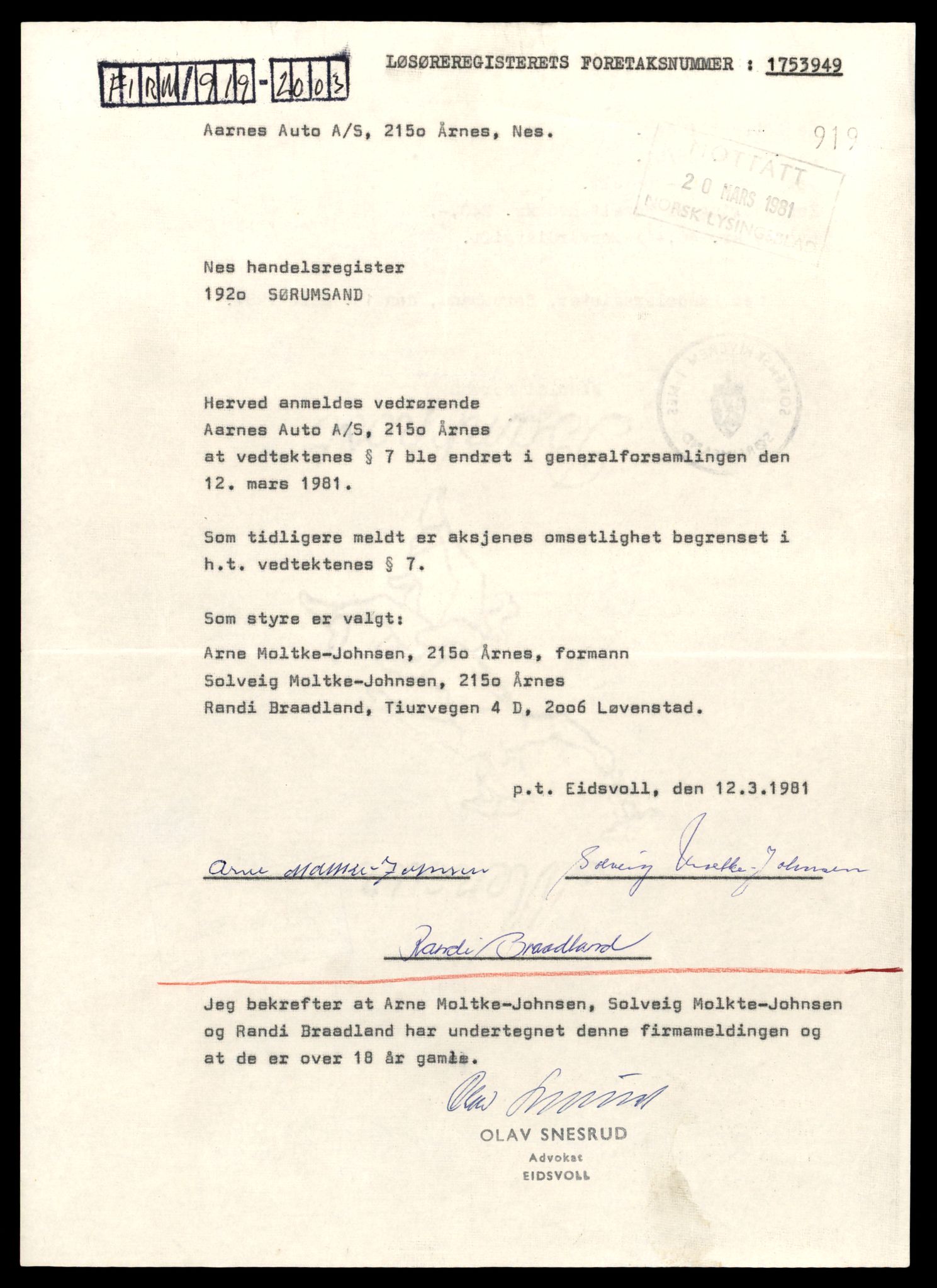 Nes tingrett, AV/SAT-A-10548/K/Ke/Keb/L0023: Aksjeselskap, Årn - Åse, 1944-1990, p. 3