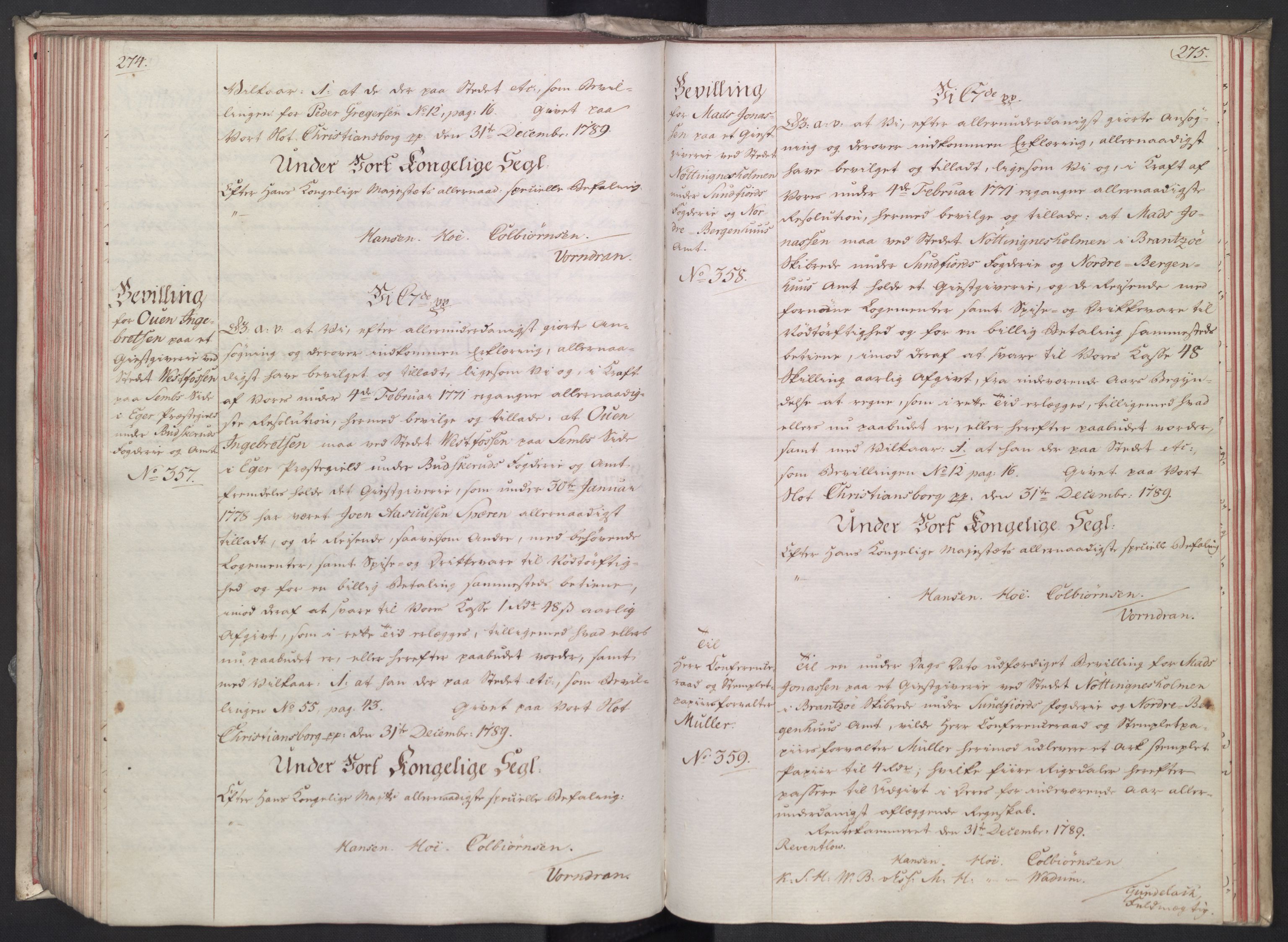 Rentekammeret, Kammerkanselliet, RA/EA-3111/G/Gg/Gga/L0014: Norsk ekspedisjonsprotokoll med register (merket RK 53.14), 1787-1790, p. 274-275
