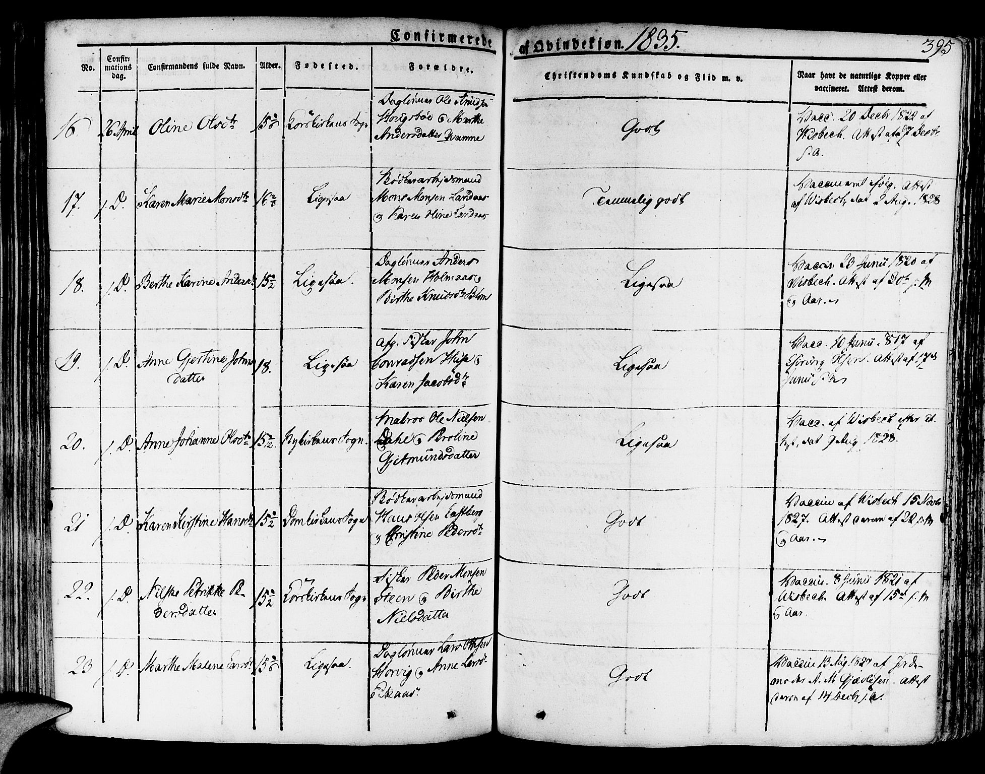 Korskirken sokneprestembete, AV/SAB-A-76101/H/Haa/L0014: Parish register (official) no. A 14, 1823-1835, p. 395