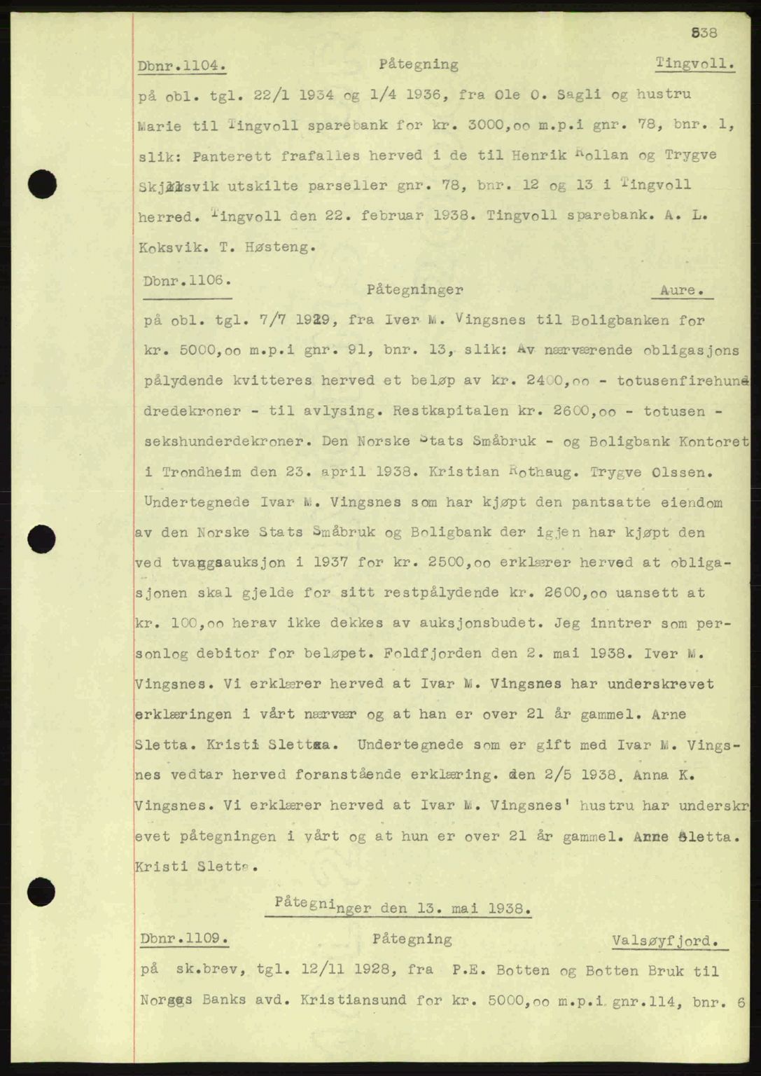 Nordmøre sorenskriveri, AV/SAT-A-4132/1/2/2Ca: Mortgage book no. C80, 1936-1939, Diary no: : 1104/1938