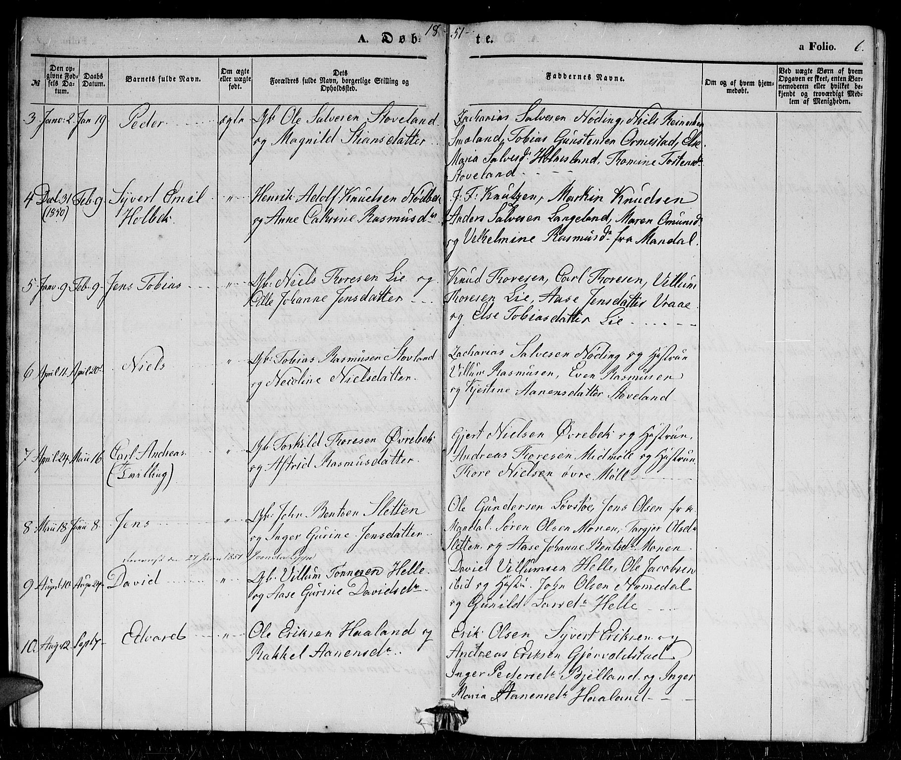 Holum sokneprestkontor, AV/SAK-1111-0022/F/Fb/Fba/L0003: Parish register (copy) no. B 3, 1850-1866, p. 6