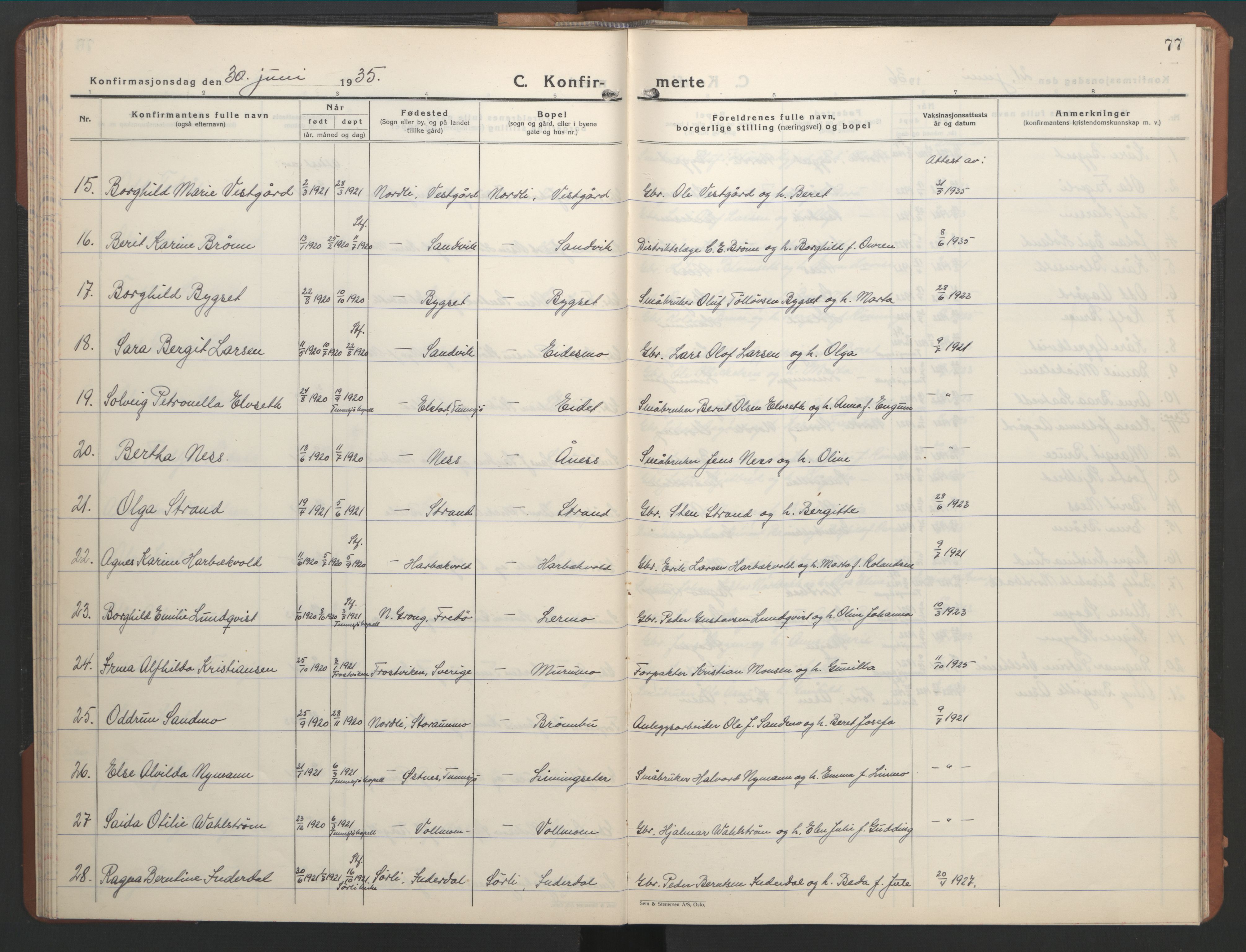Ministerialprotokoller, klokkerbøker og fødselsregistre - Nord-Trøndelag, SAT/A-1458/755/L0500: Parish register (copy) no. 755C01, 1920-1962, p. 77