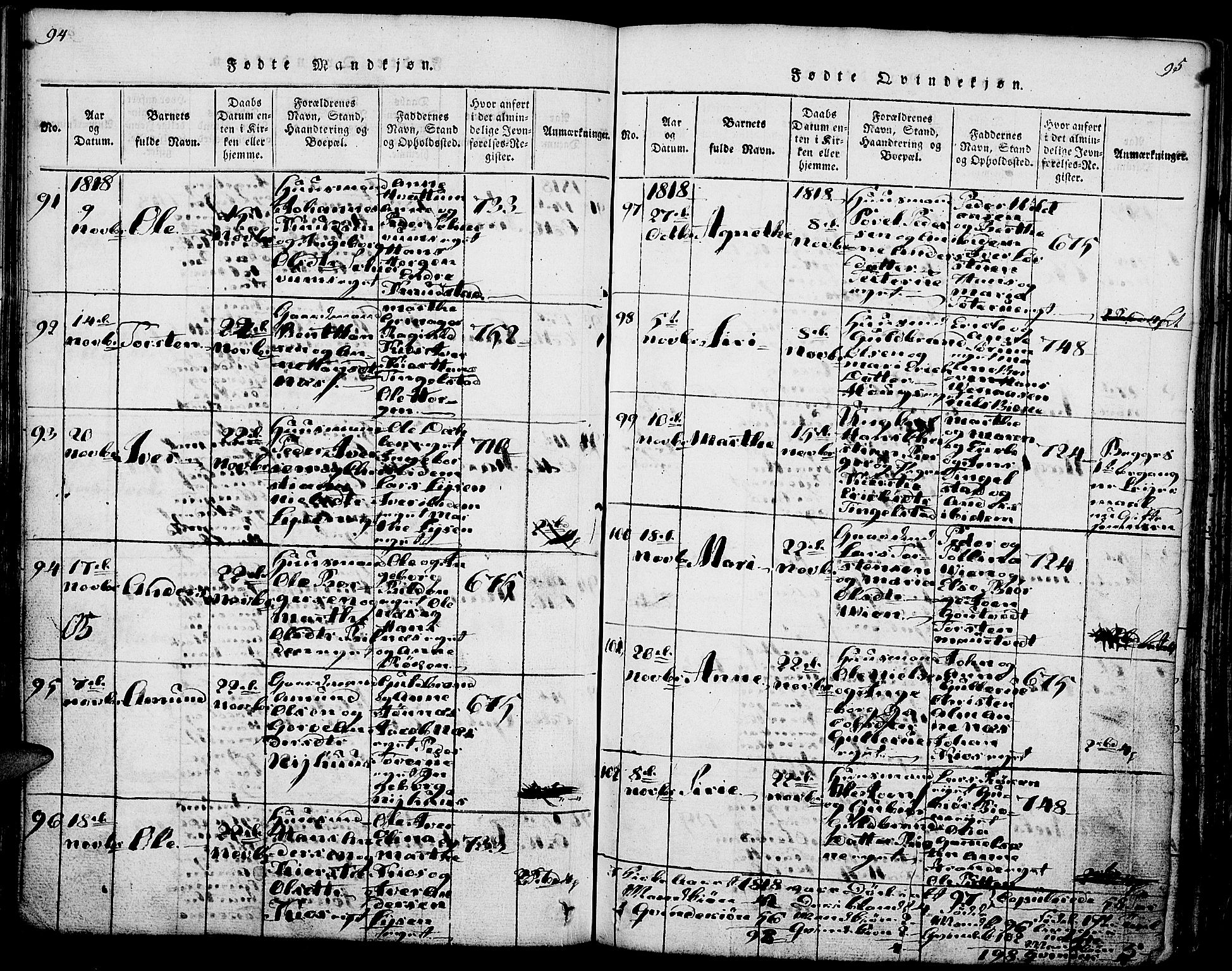 Gran prestekontor, SAH/PREST-112/H/Ha/Haa/L0009: Parish register (official) no. 9, 1815-1824, p. 94-95