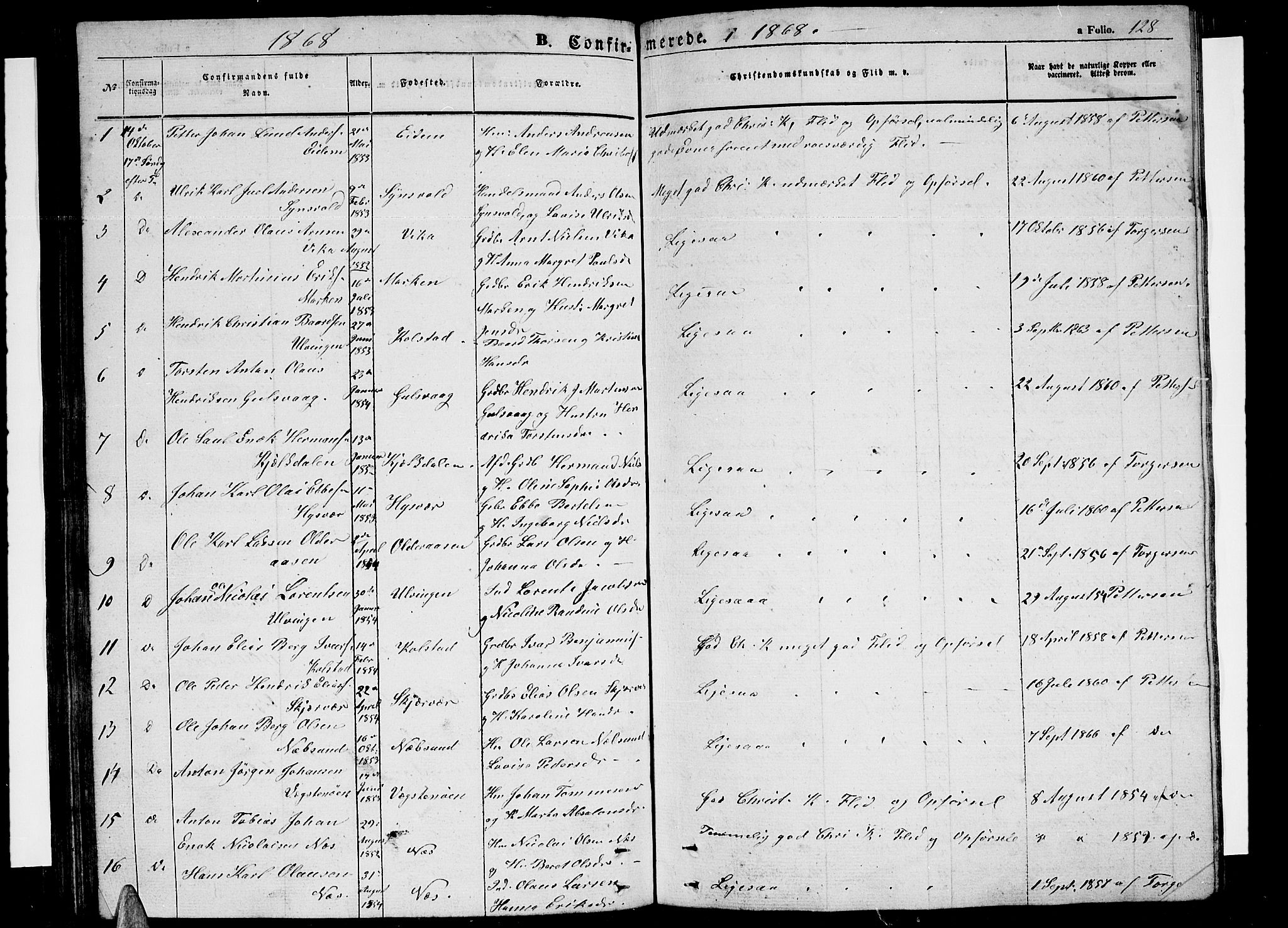 Ministerialprotokoller, klokkerbøker og fødselsregistre - Nordland, SAT/A-1459/816/L0251: Parish register (copy) no. 816C01, 1852-1870, p. 128