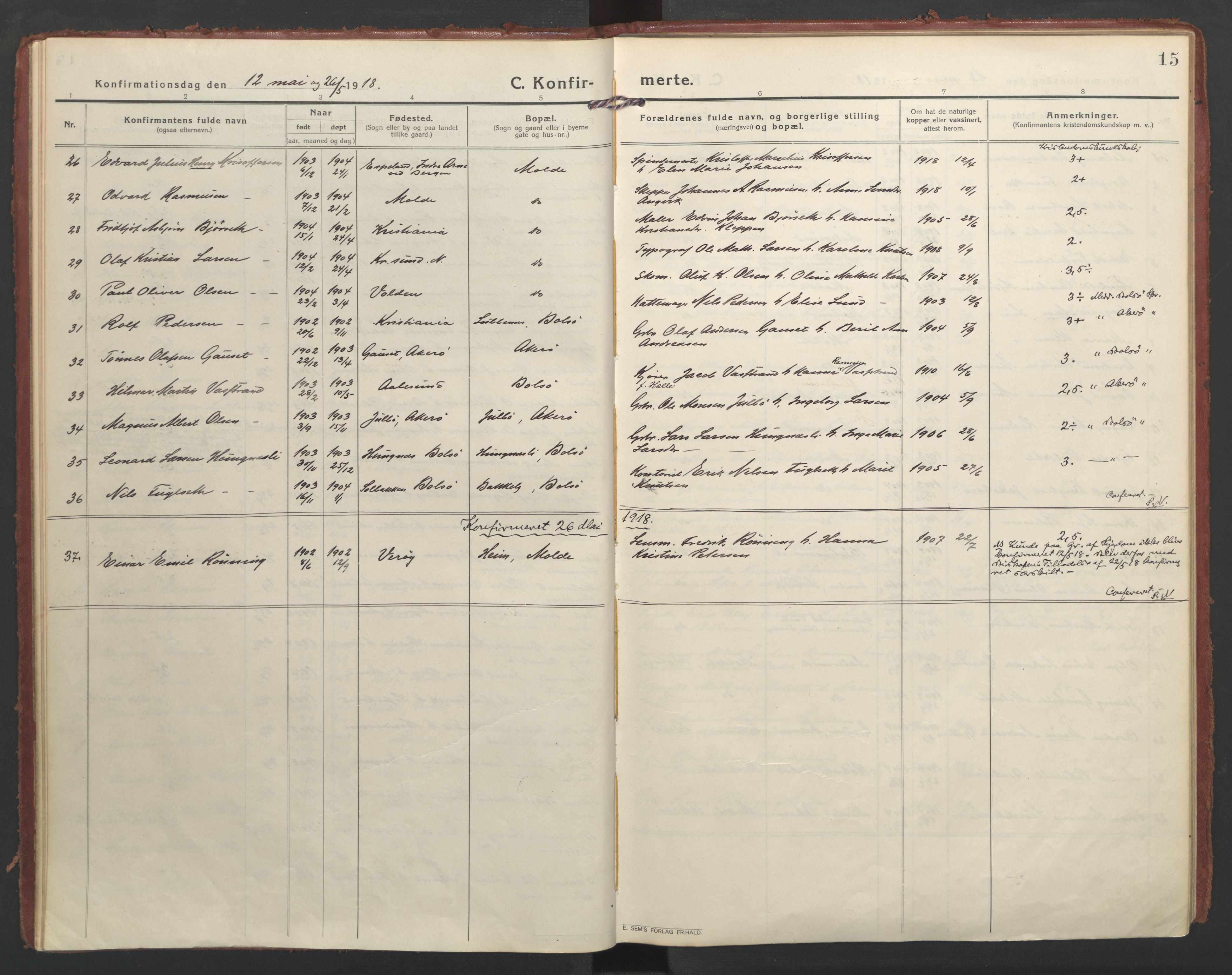 Ministerialprotokoller, klokkerbøker og fødselsregistre - Møre og Romsdal, SAT/A-1454/558/L0695: Parish register (official) no. 558A09, 1915-1942, p. 15