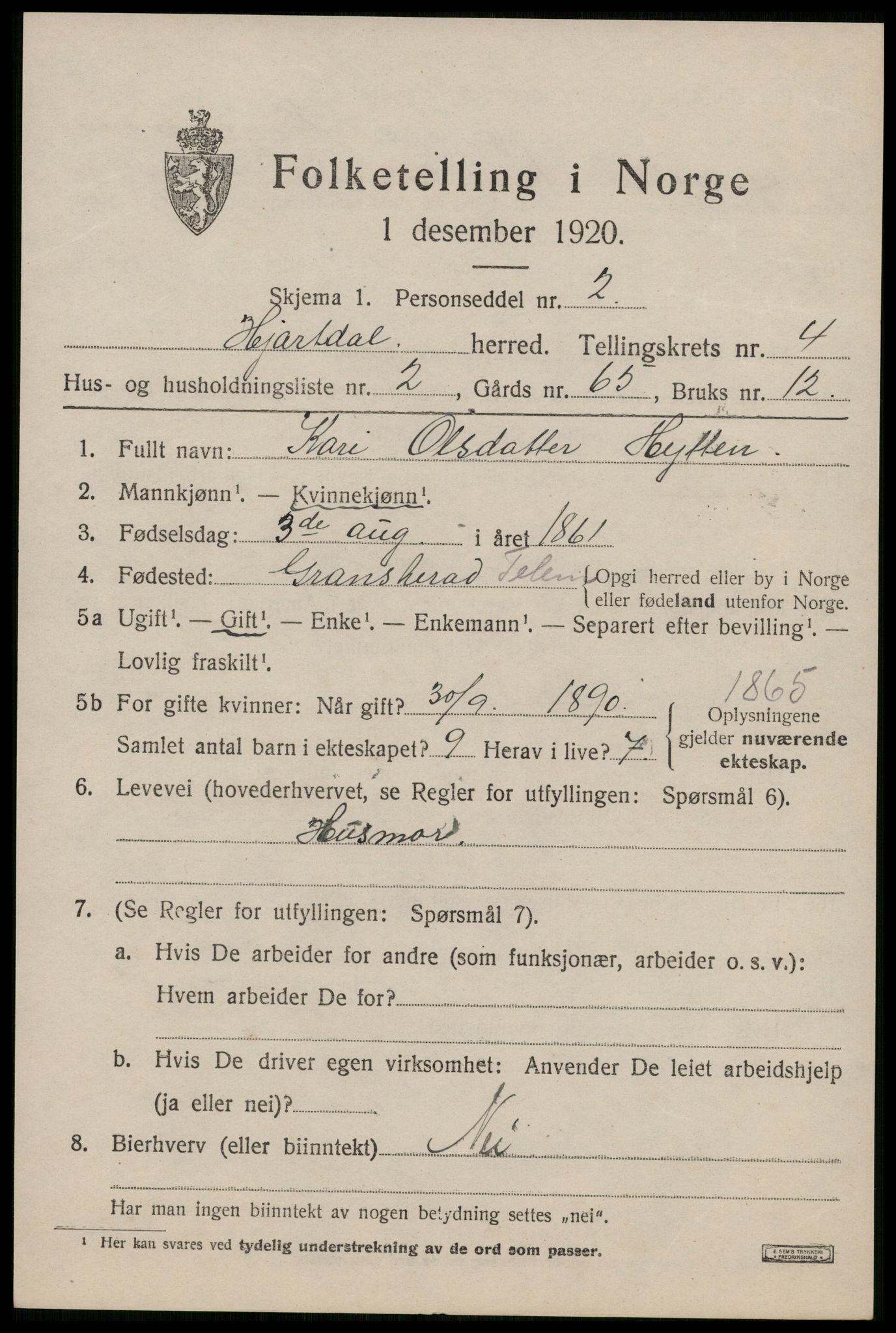 SAKO, 1920 census for Hjartdal, 1920, p. 2804