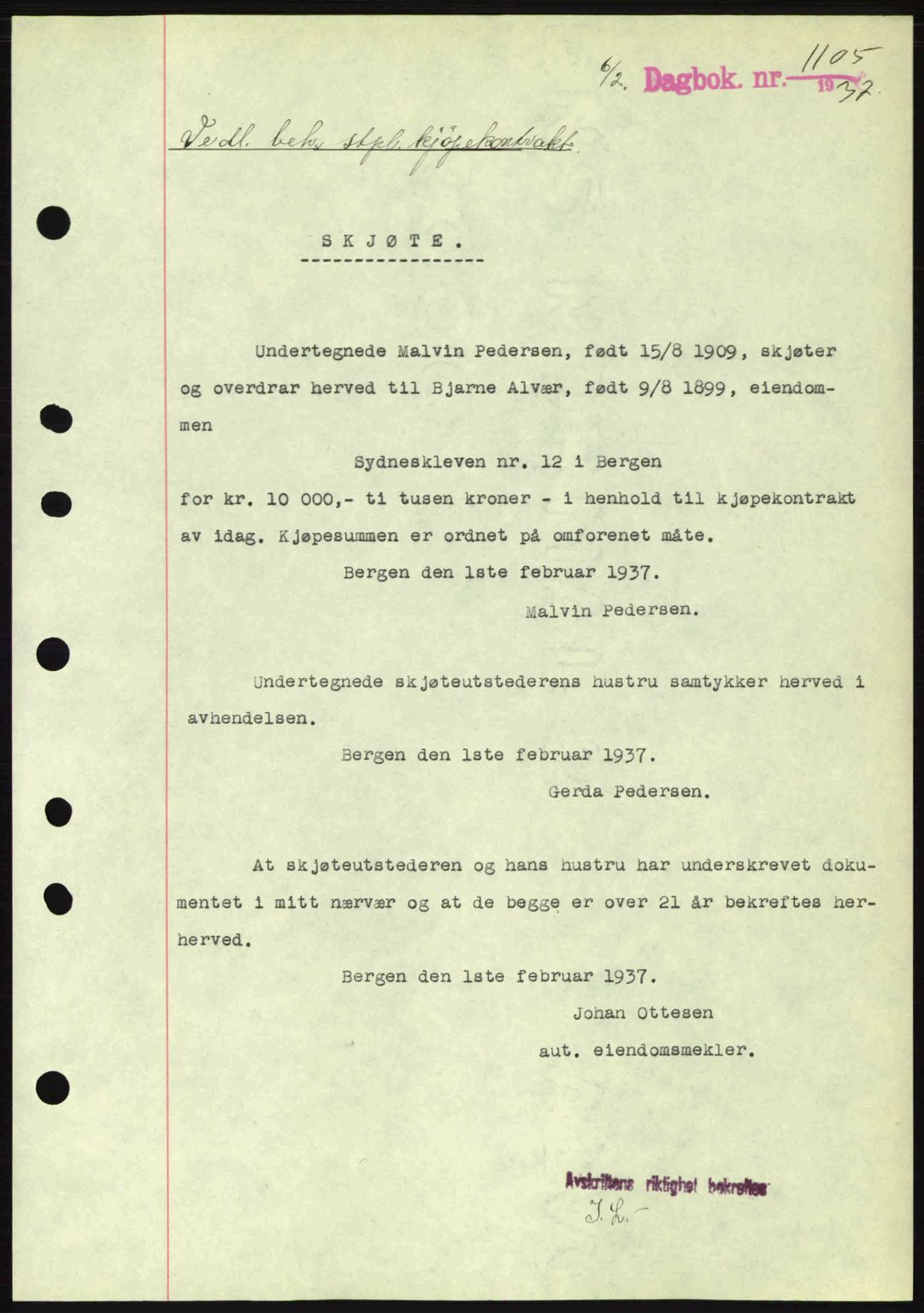 Byfogd og Byskriver i Bergen, SAB/A-3401/03/03Bc/L0004: Mortgage book no. A3-4, 1936-1937, Diary no: : 1105/1937