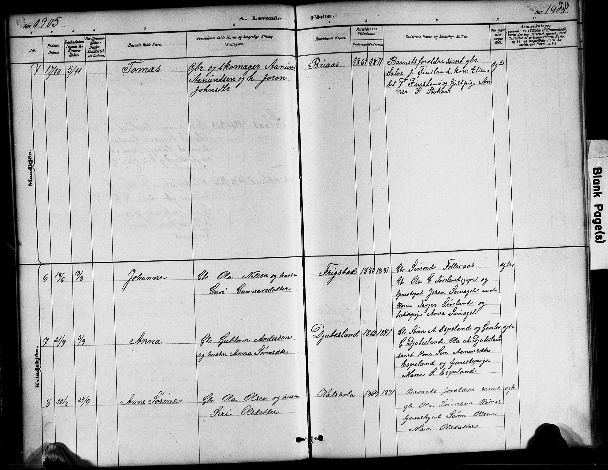 Bjelland sokneprestkontor, AV/SAK-1111-0005/F/Fb/Fbb/L0005: Parish register (copy) no. B 5, 1887-1918, p. 70