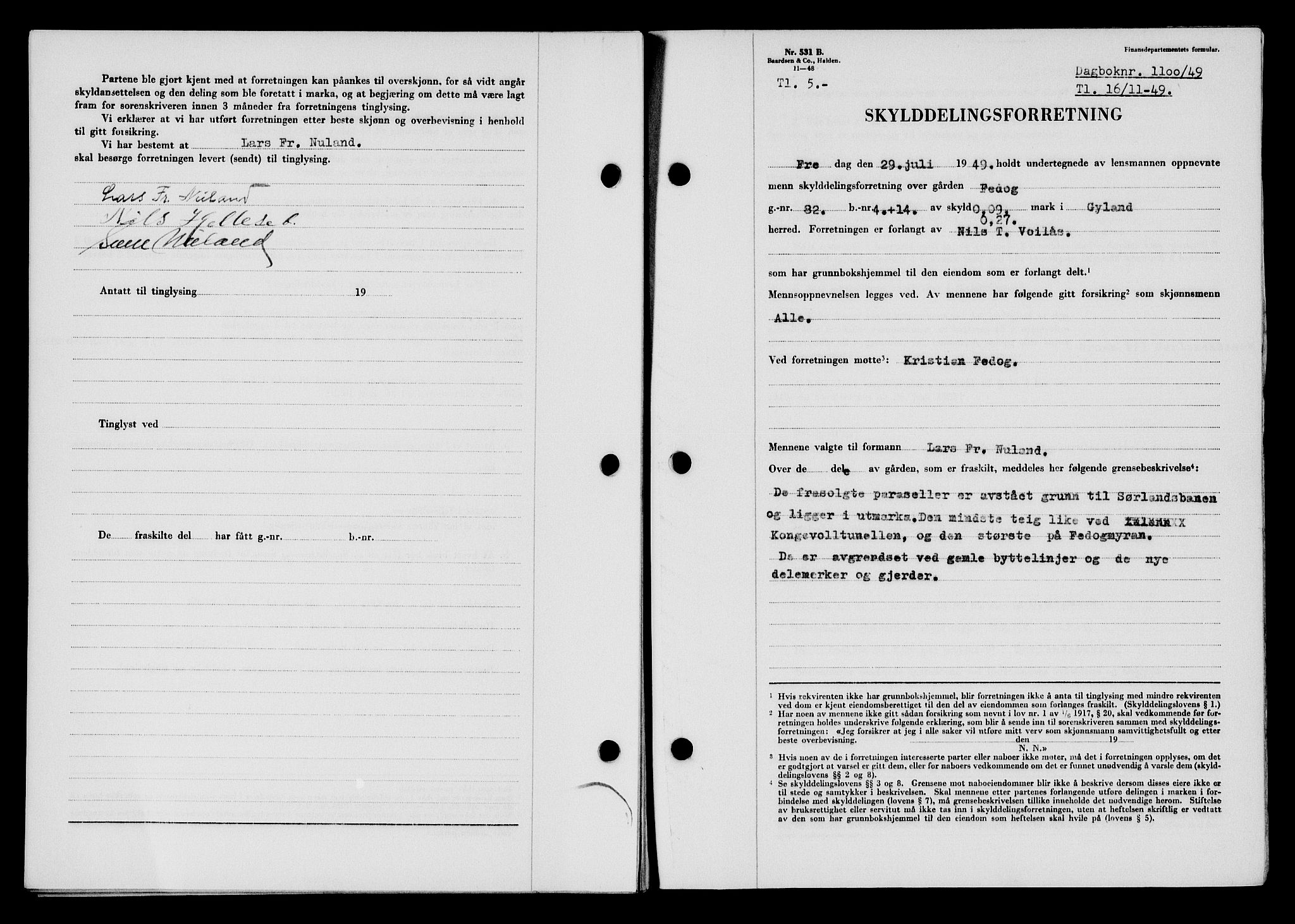 Flekkefjord sorenskriveri, SAK/1221-0001/G/Gb/Gba/L0065: Mortgage book no. A-13, 1949-1949, Diary no: : 1100/1949